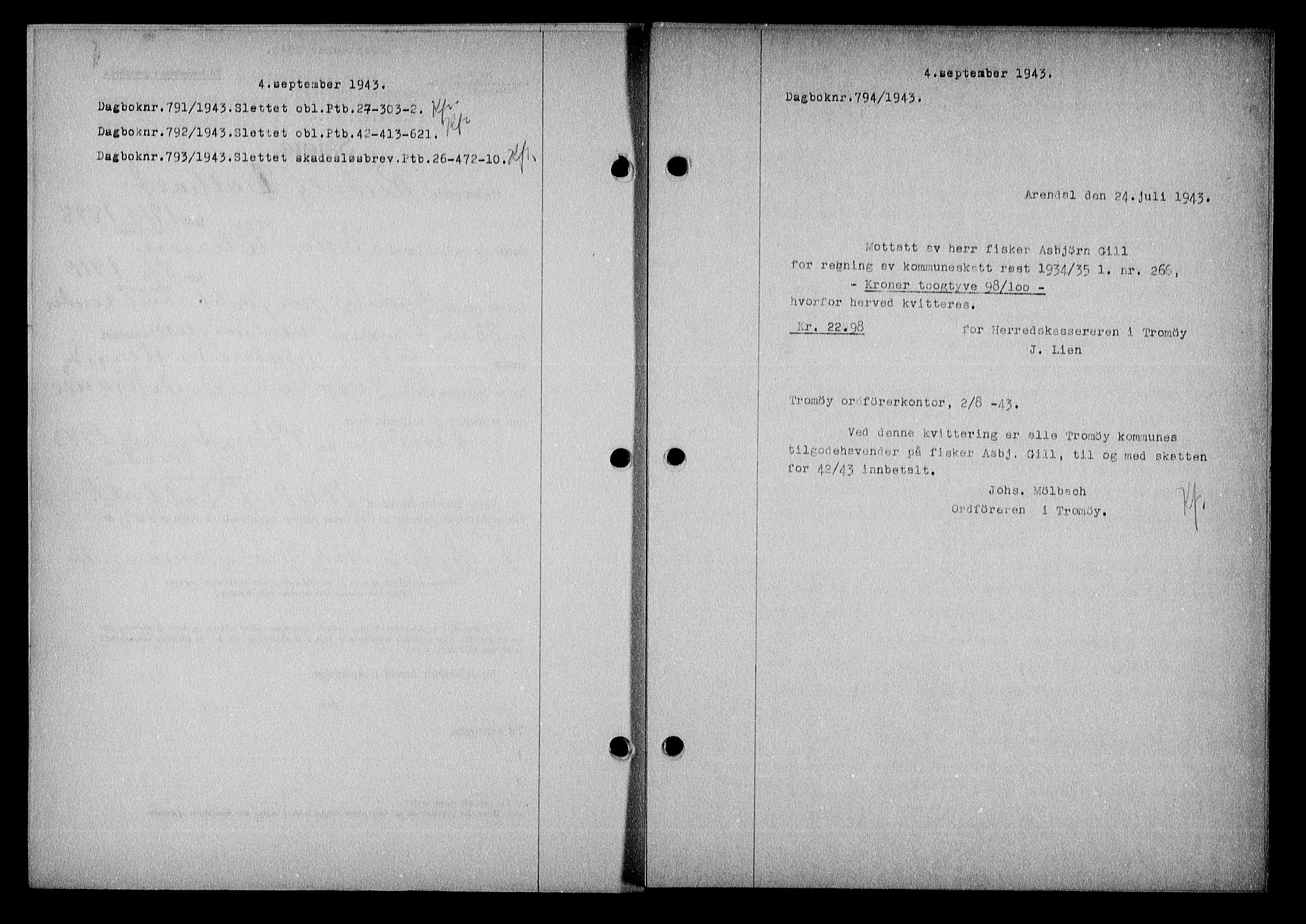 Nedenes sorenskriveri, SAK/1221-0006/G/Gb/Gba/L0051: Pantebok nr. A-V, 1943-1944, Dagboknr: 794/1943