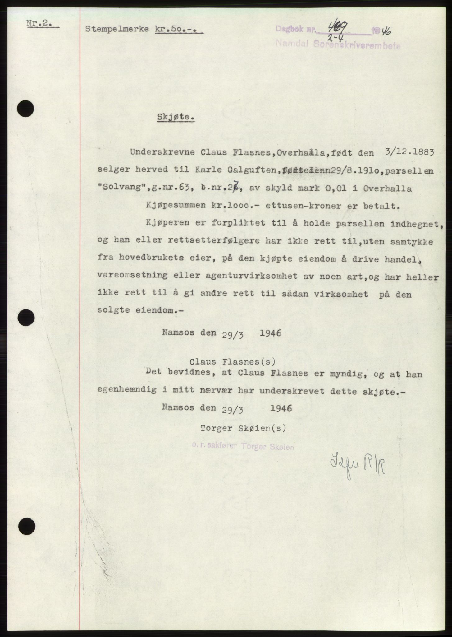 Namdal sorenskriveri, SAT/A-4133/1/2/2C: Pantebok nr. -, 1946-1946, Dagboknr: 469/1946