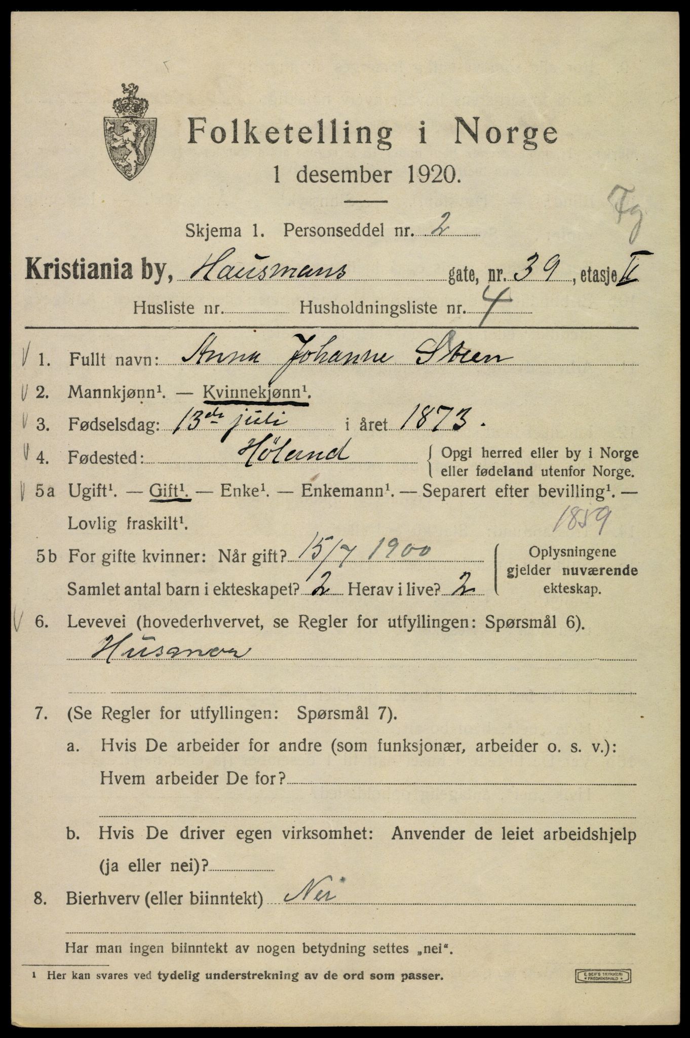 SAO, Folketelling 1920 for 0301 Kristiania kjøpstad, 1920, s. 273637