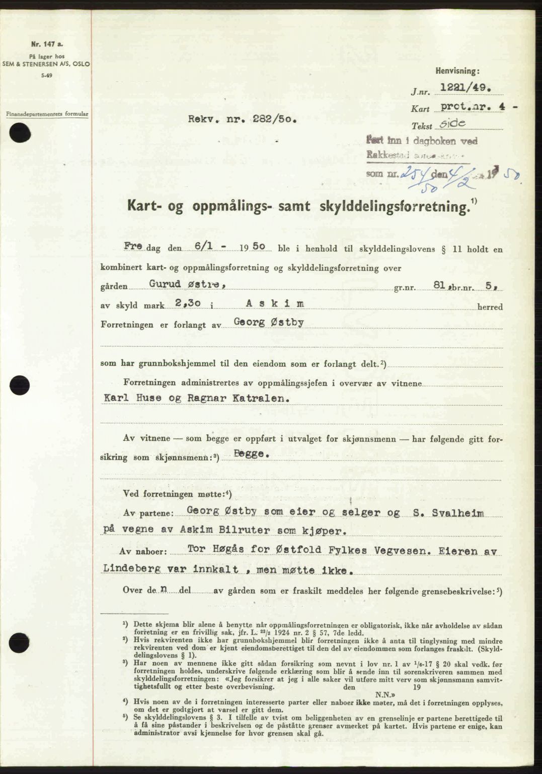 Rakkestad sorenskriveri, SAO/A-10686/G/Gb/Gba/Gbab/L0019: Pantebok nr. A19, 1949-1950, Dagboknr: 254/1950