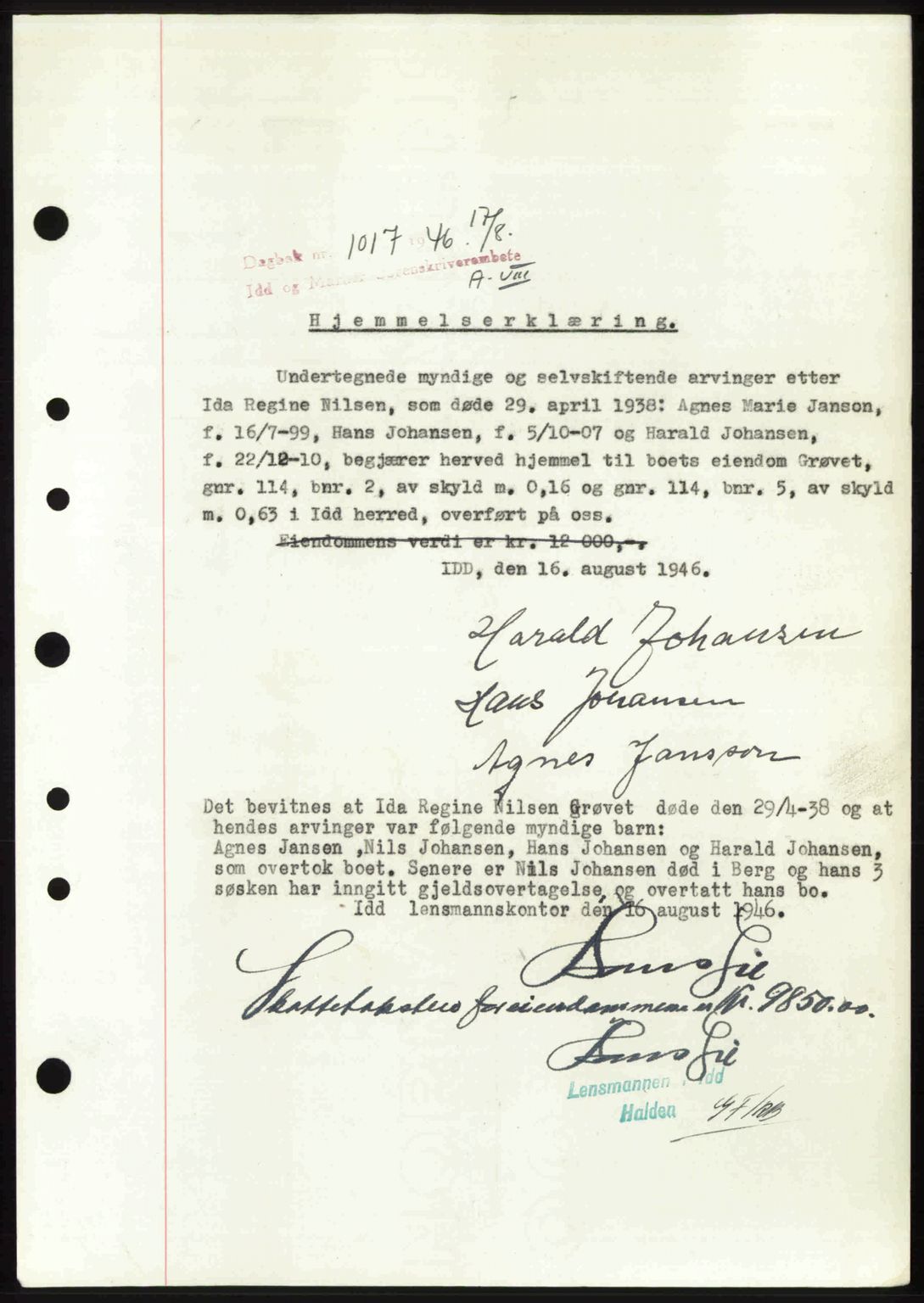 Idd og Marker sorenskriveri, SAO/A-10283/G/Gb/Gbb/L0008: Pantebok nr. A8, 1946-1946, Dagboknr: 1017/1946