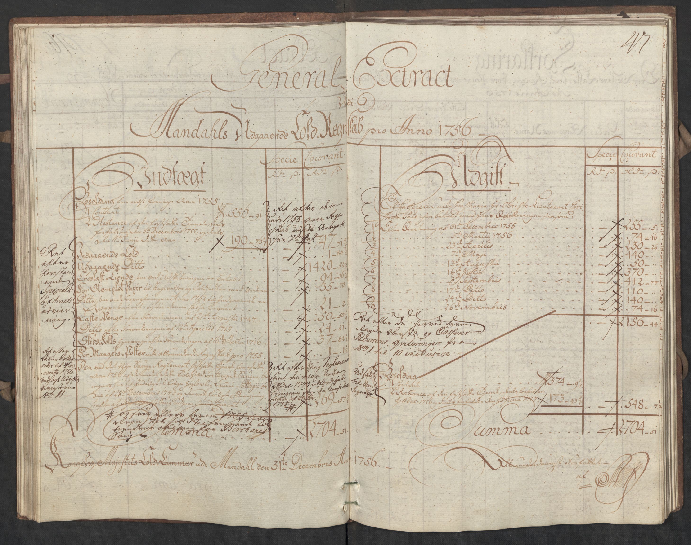 Generaltollkammeret, tollregnskaper, RA/EA-5490/R17/L0017/0002: Tollregnskaper Mandal / Utgående hovedtollbok, 1756, s. 46b-47a