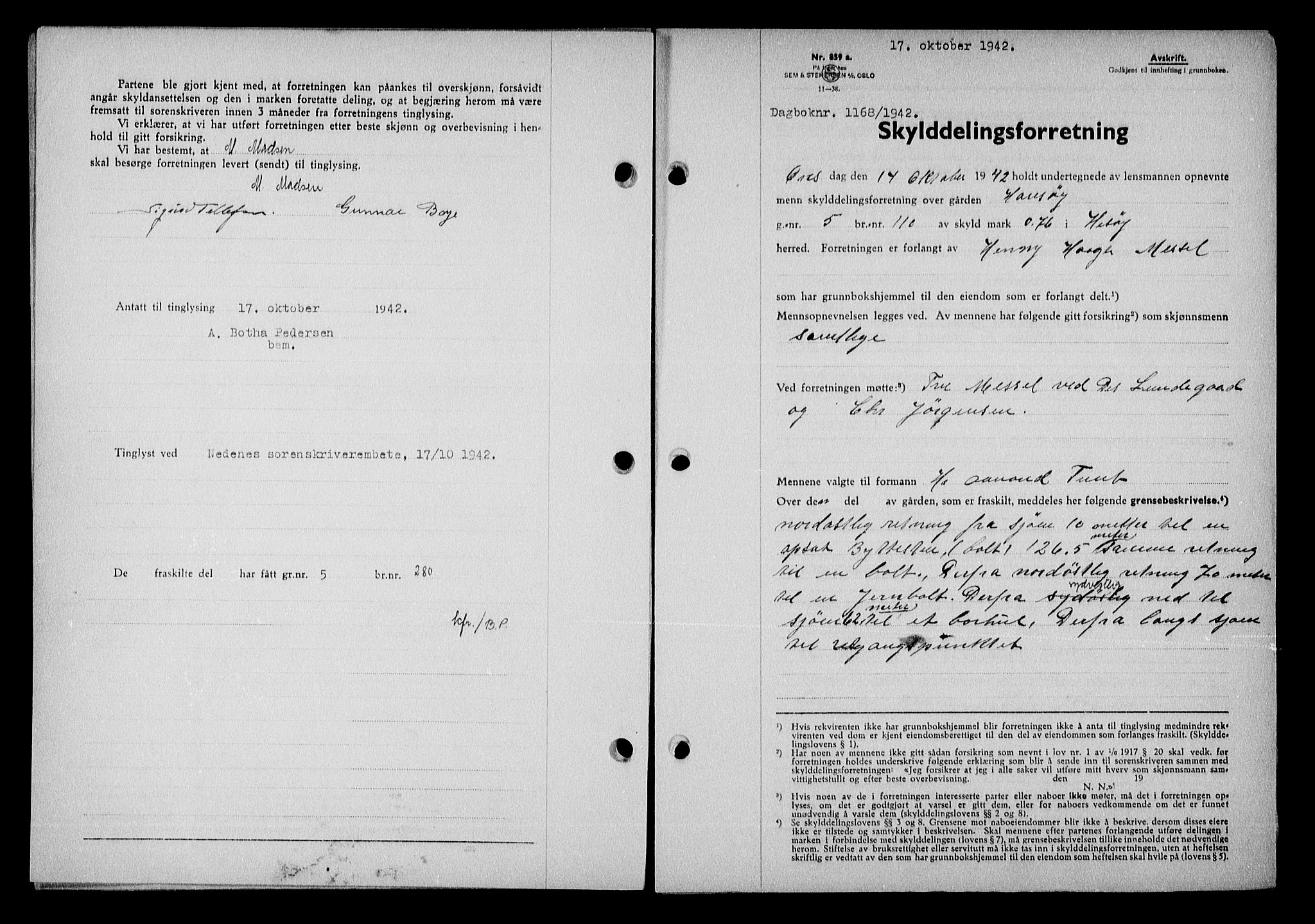 Nedenes sorenskriveri, SAK/1221-0006/G/Gb/Gba/L0050: Pantebok nr. A-IV, 1942-1943, Dagboknr: 1168/1942