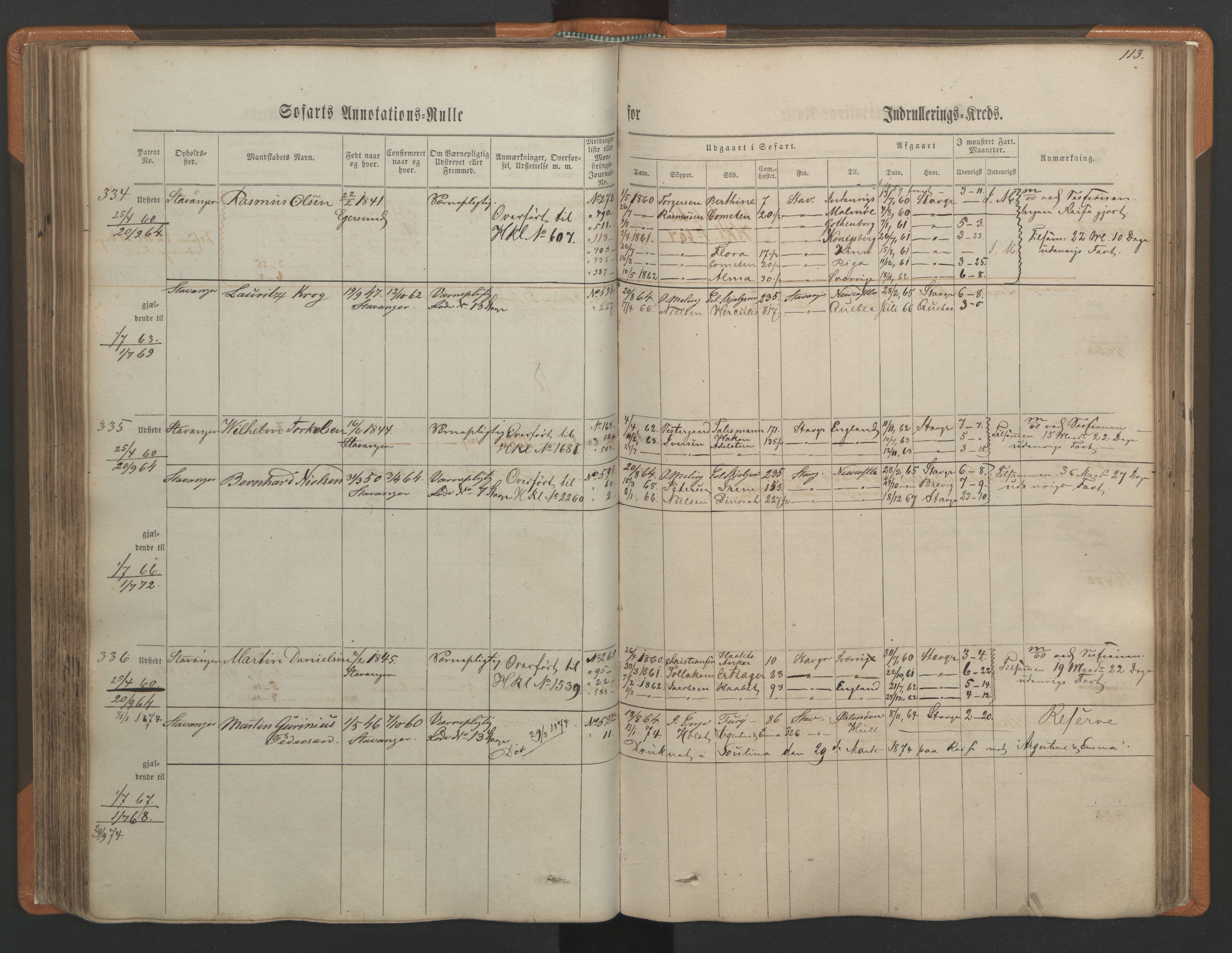 Stavanger sjømannskontor, AV/SAST-A-102006/F/Ff/L0001: Annotasjonsrulle, patentnr. 1-597 (del 1), 1860-1864, s. 122