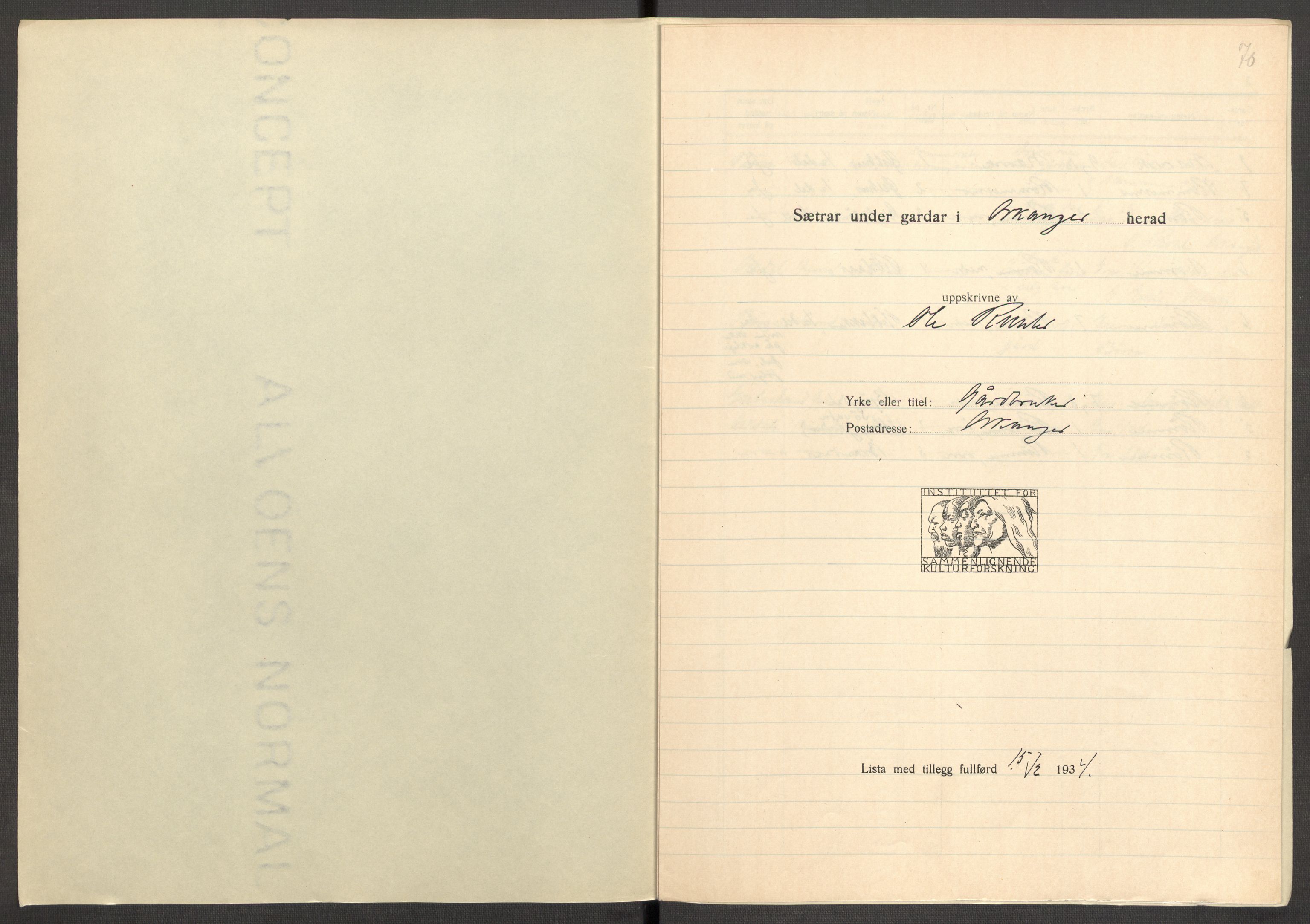 Instituttet for sammenlignende kulturforskning, AV/RA-PA-0424/F/Fc/L0013/0004: Eske B13: / Sør-Trøndelag (perm XXXVIII), 1933-1936, s. 70