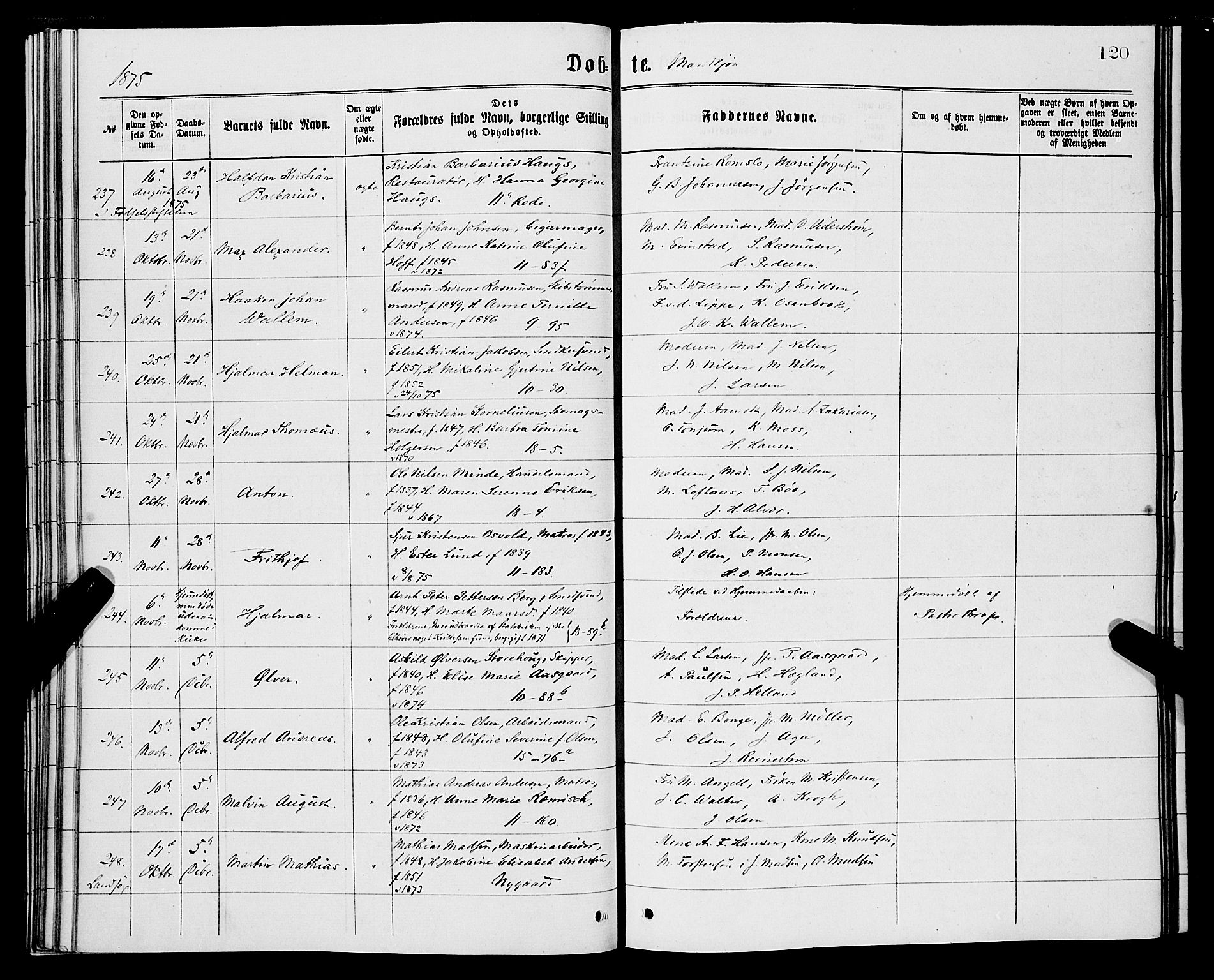 Domkirken sokneprestembete, AV/SAB-A-74801/H/Hab/L0013: Klokkerbok nr. B 6, 1869-1876, s. 120