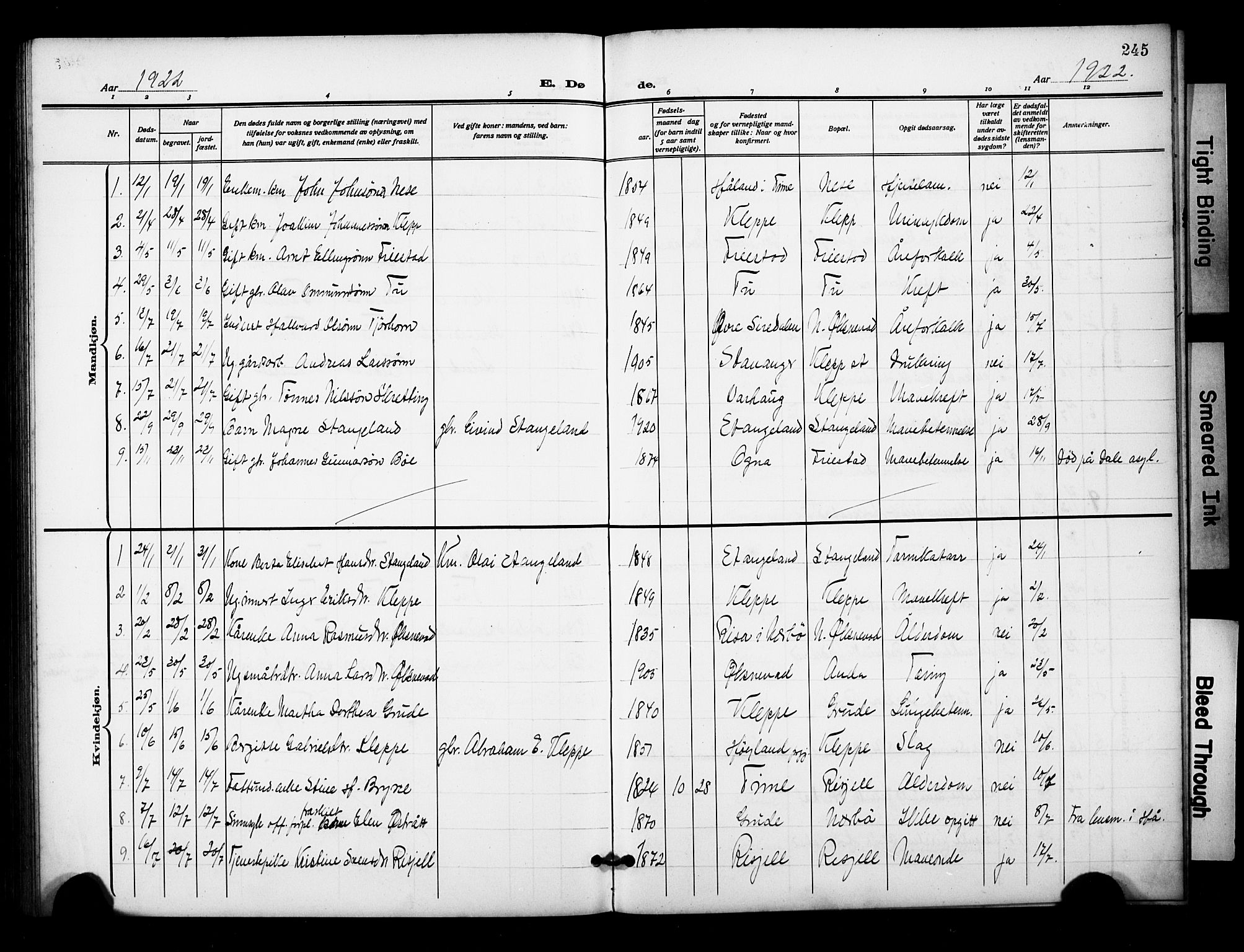 Klepp sokneprestkontor, SAST/A-101803/001/3/30BB/L0007: Klokkerbok nr. B 7, 1908-1934, s. 245