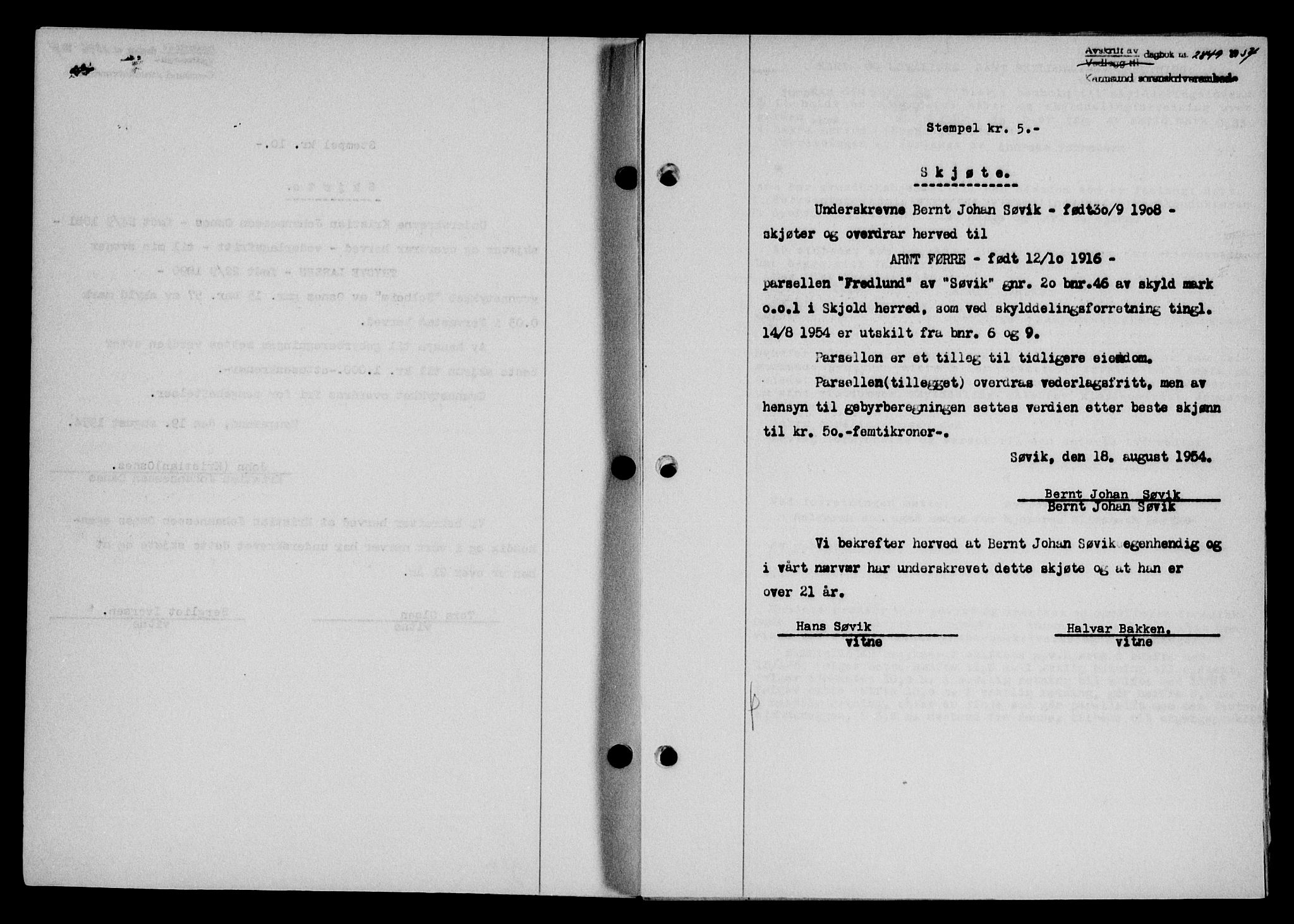 Karmsund sorenskriveri, SAST/A-100311/01/II/IIB/L0113: Pantebok nr. 93A, 1954-1954, Dagboknr: 2849/1954