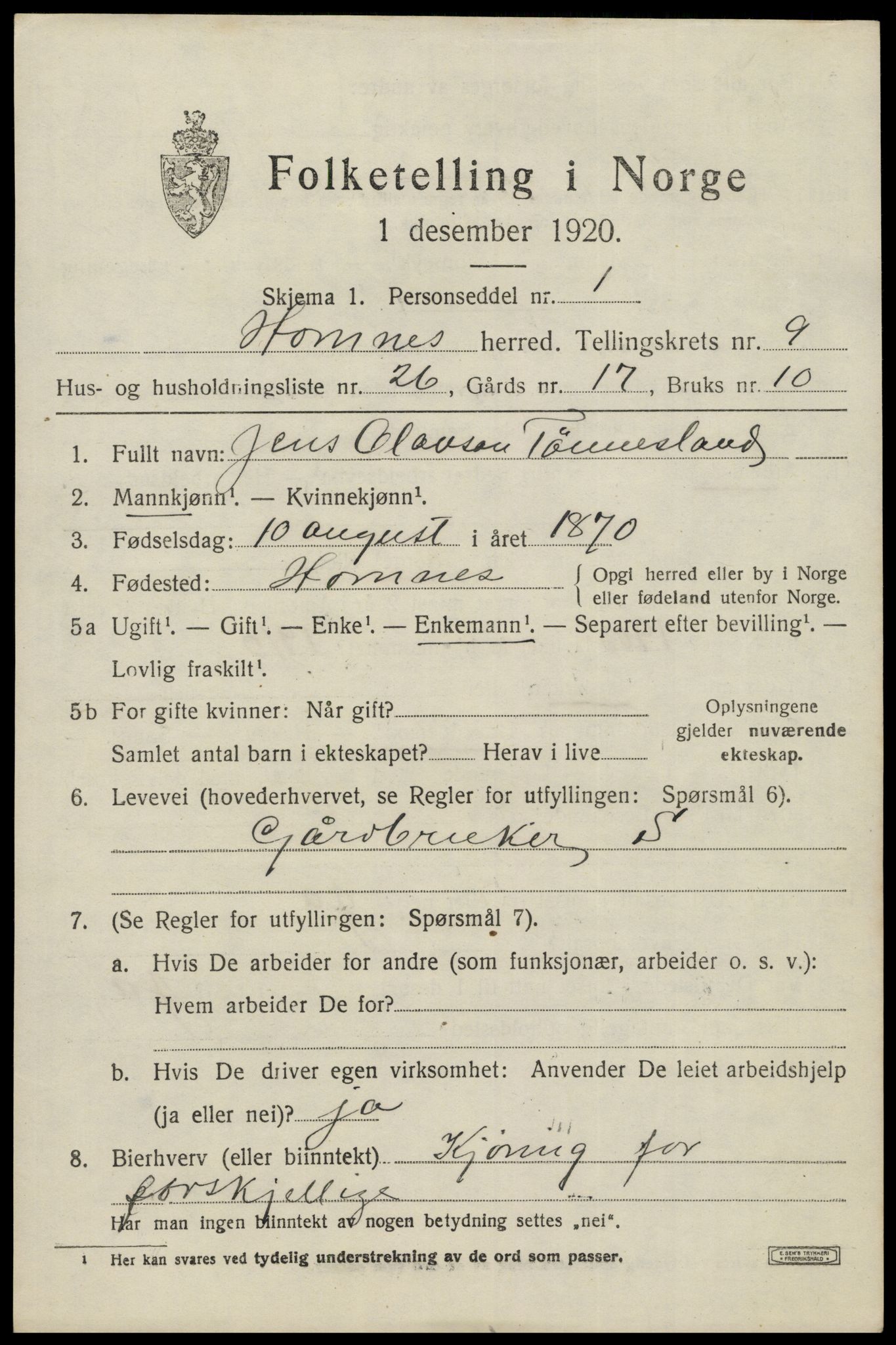 SAK, Folketelling 1920 for 0936 Hornnes herred, 1920, s. 2497