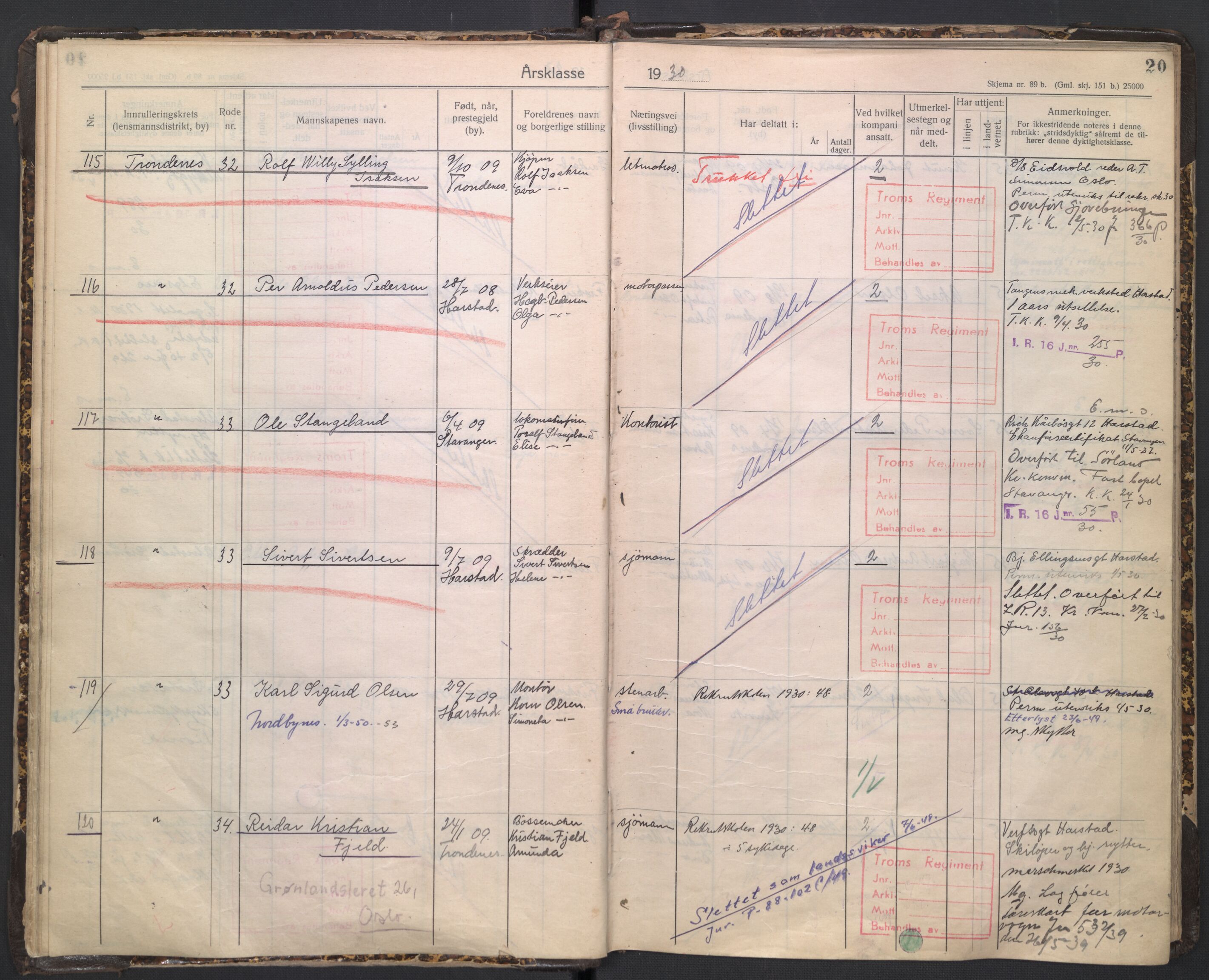Forsvaret, Troms infanteriregiment nr. 16, AV/RA-RAFA-3146/P/Pa/L0005/0003: Ruller / Rulle for regimentets stridende menige mannskaper, årsklasse 1930, 1930, s. 20