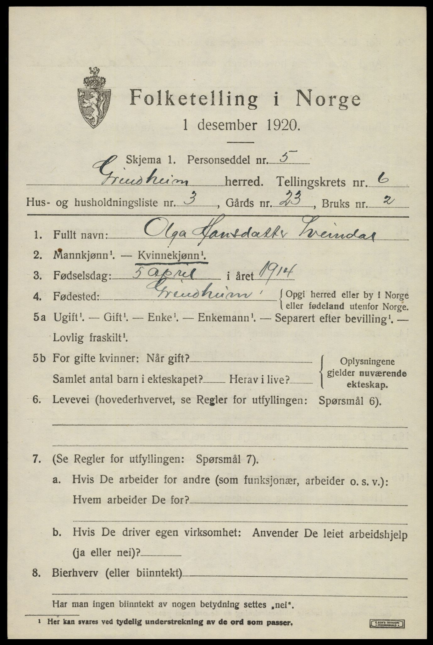 SAK, Folketelling 1920 for 1025 Grindheim herred, 1920, s. 1887