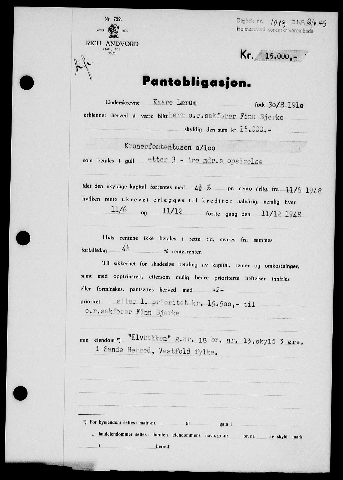 Holmestrand sorenskriveri, SAKO/A-67/G/Ga/Gab/L0058: Pantebok nr. B-58, 1947-1948, Dagboknr: 1013/1948