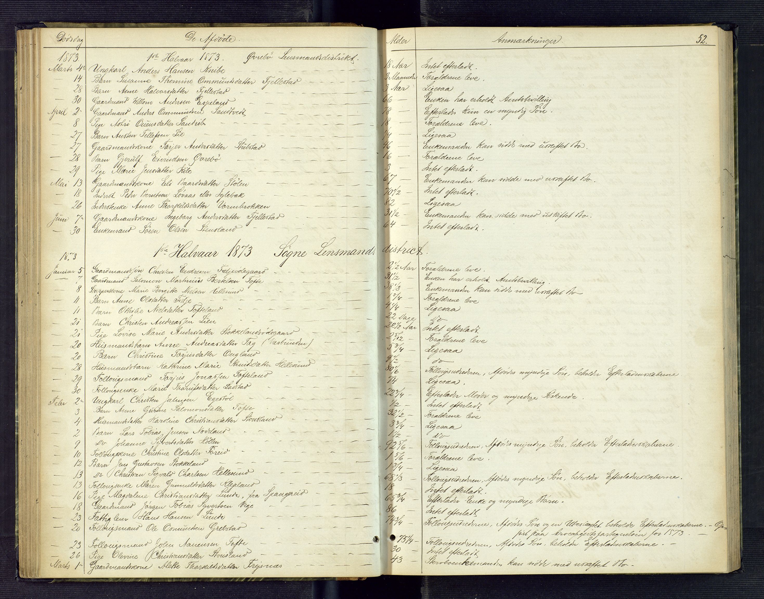 Torridal sorenskriveri, AV/SAK-1221-0012/H/Ha/L0001: Anmeldte dødsfall nr. 1, 1865-1880, s. 52