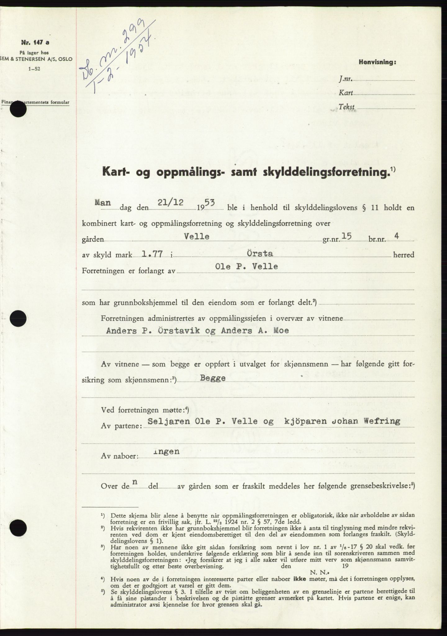 Søre Sunnmøre sorenskriveri, SAT/A-4122/1/2/2C/L0097: Pantebok nr. 23A, 1954-1954, Dagboknr: 299/1954