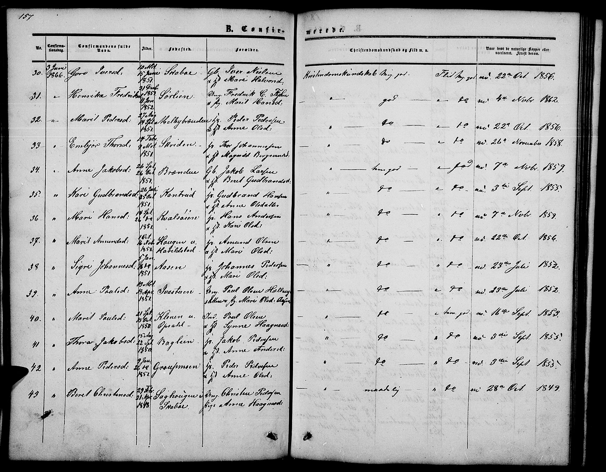 Nord-Fron prestekontor, AV/SAH-PREST-080/H/Ha/Hab/L0002: Klokkerbok nr. 2, 1851-1883, s. 157