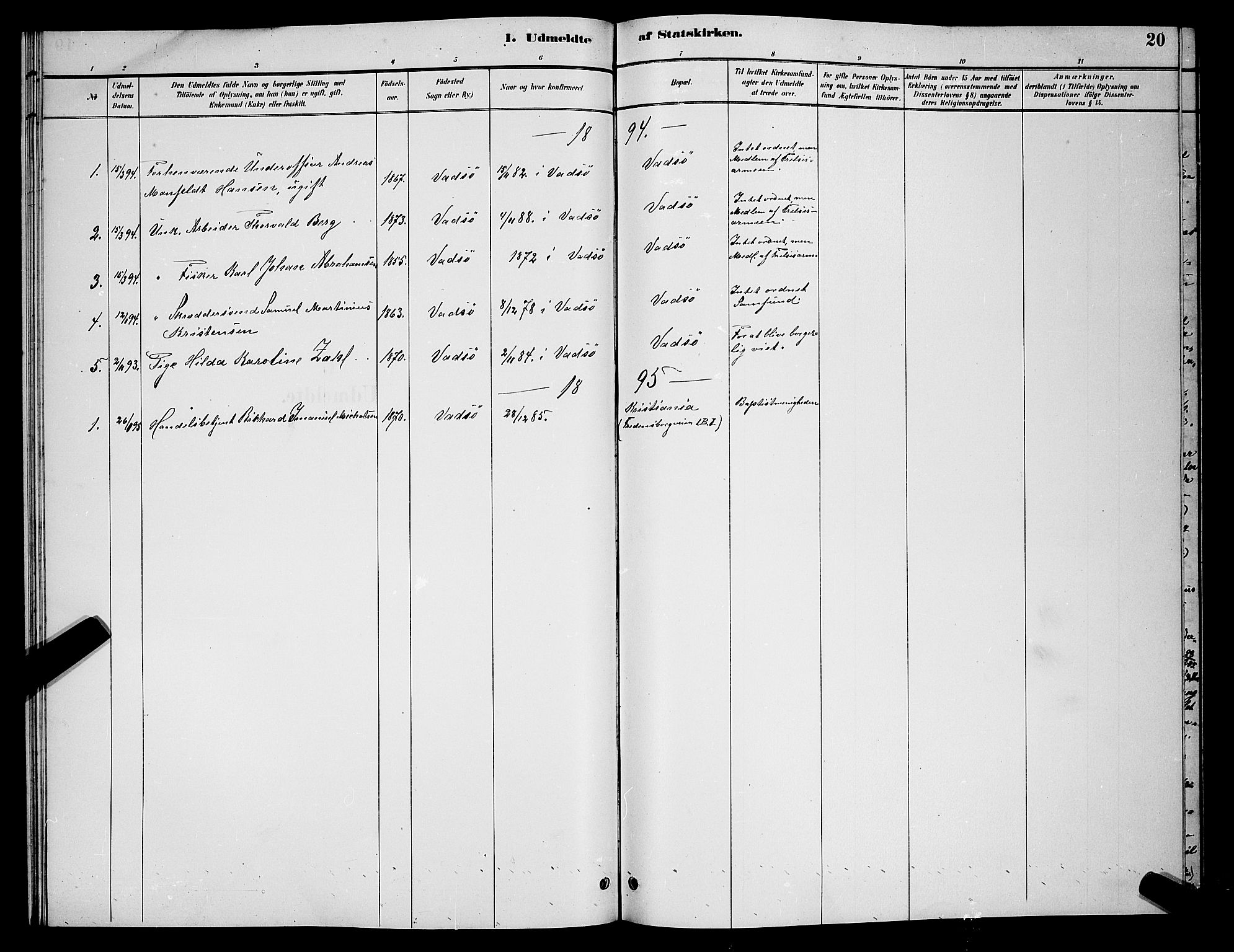 Vadsø sokneprestkontor, AV/SATØ-S-1325/H/Hb/L0005klokker: Klokkerbok nr. 5, 1885-1901, s. 20