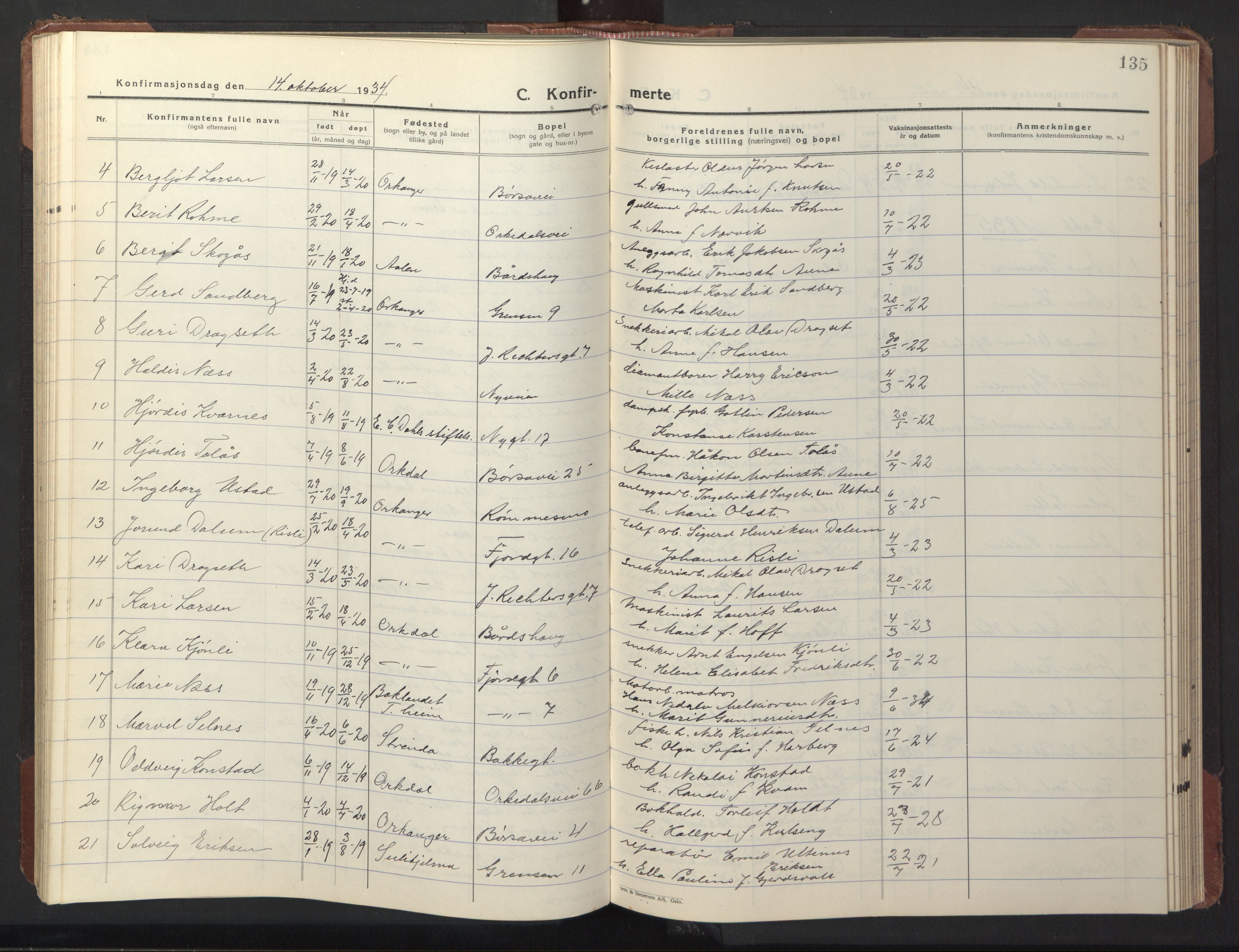 Ministerialprotokoller, klokkerbøker og fødselsregistre - Sør-Trøndelag, SAT/A-1456/669/L0832: Klokkerbok nr. 669C02, 1925-1953, s. 135