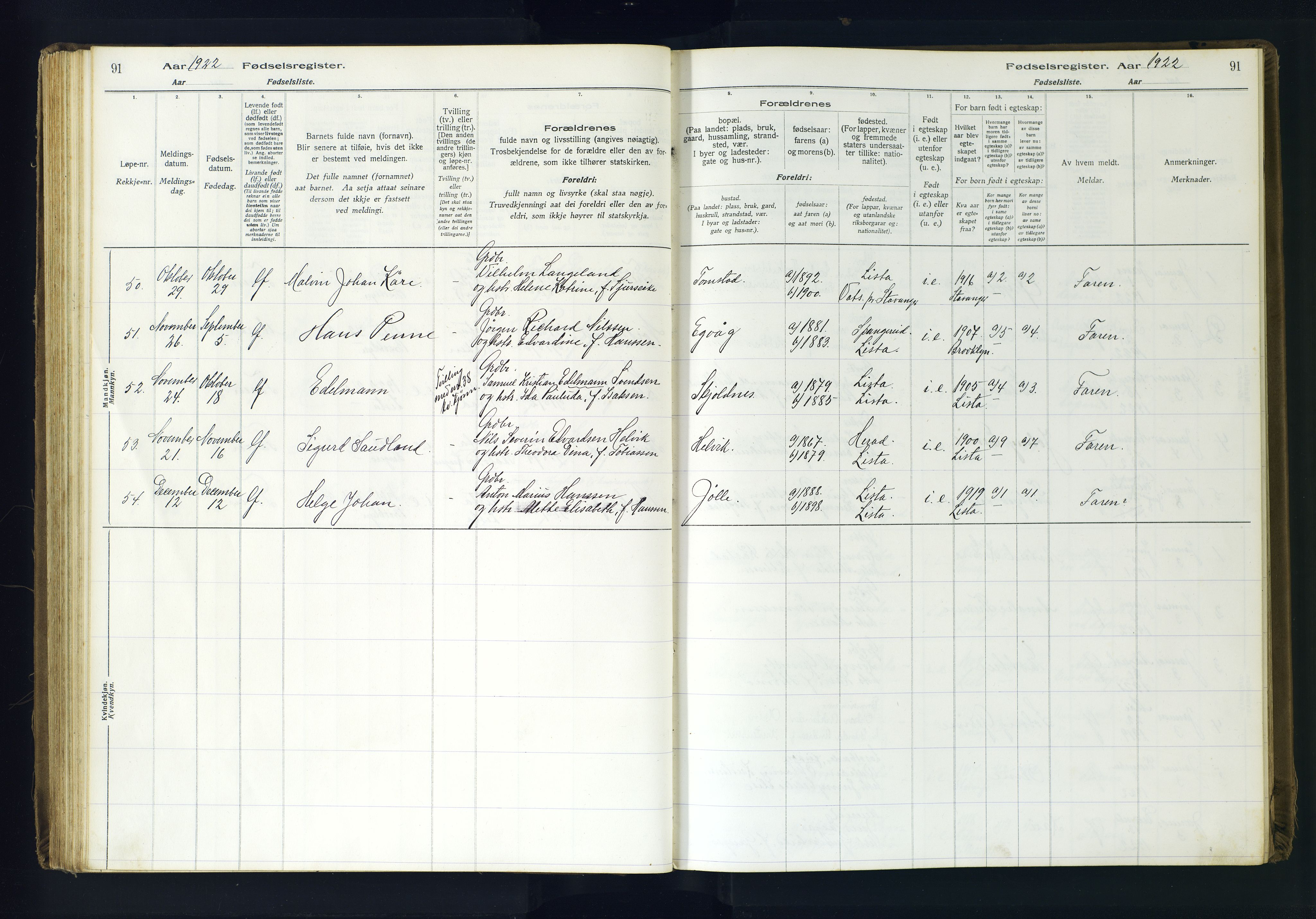 Lista sokneprestkontor, AV/SAK-1111-0027/J/Ja/L0001: Fødselsregister nr. A-VI-30, 1916-1934, s. 91