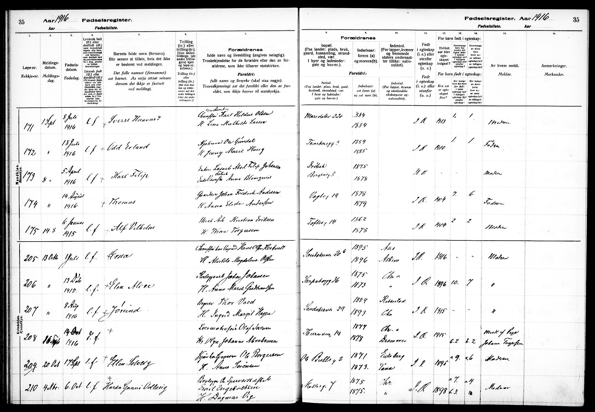 Sagene prestekontor Kirkebøker, SAO/A-10796/J/L0001: Fødselsregister nr. 1, 1916-1920, s. 35
