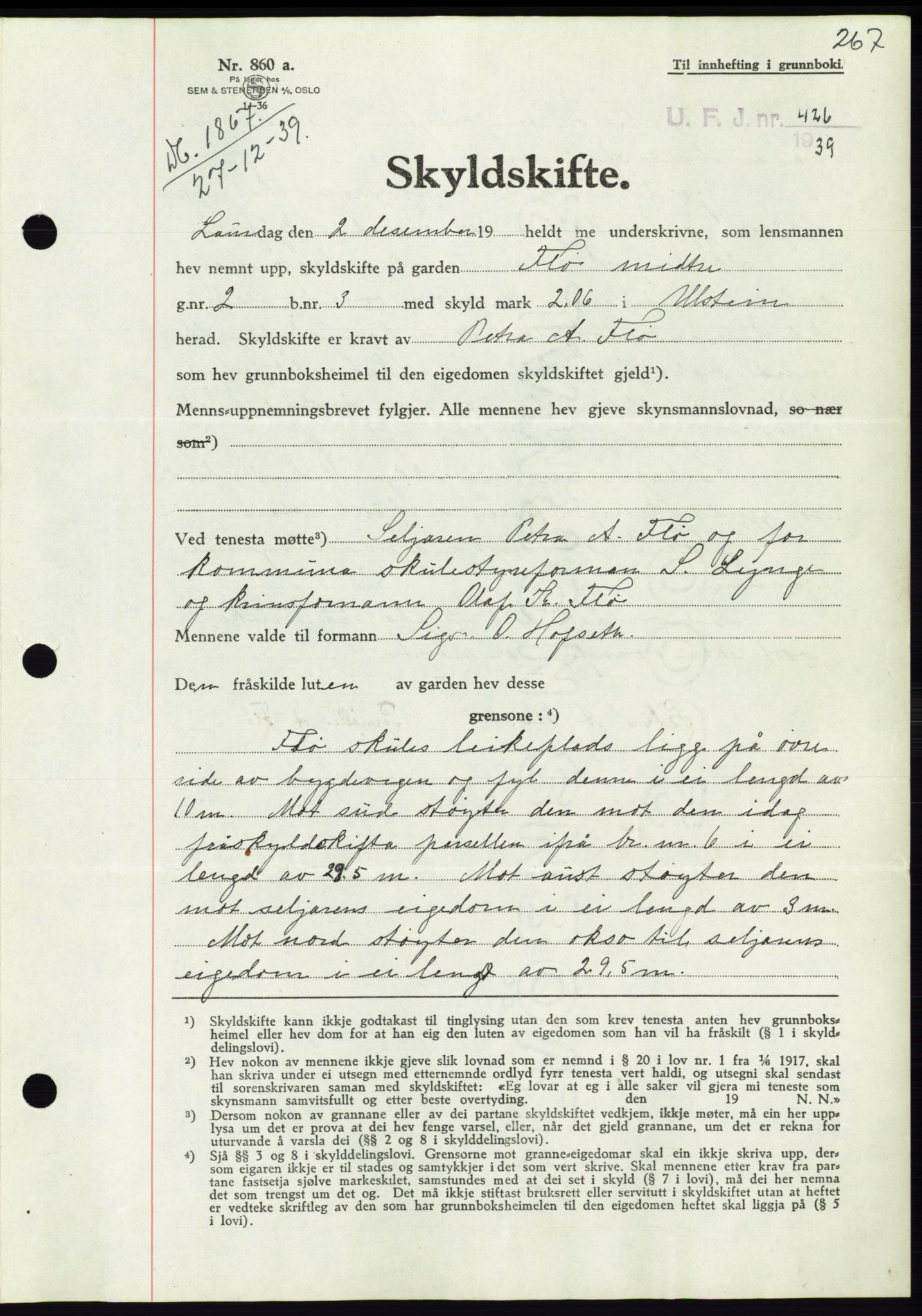 Søre Sunnmøre sorenskriveri, SAT/A-4122/1/2/2C/L0069: Pantebok nr. 63, 1939-1940, Dagboknr: 1867/1939