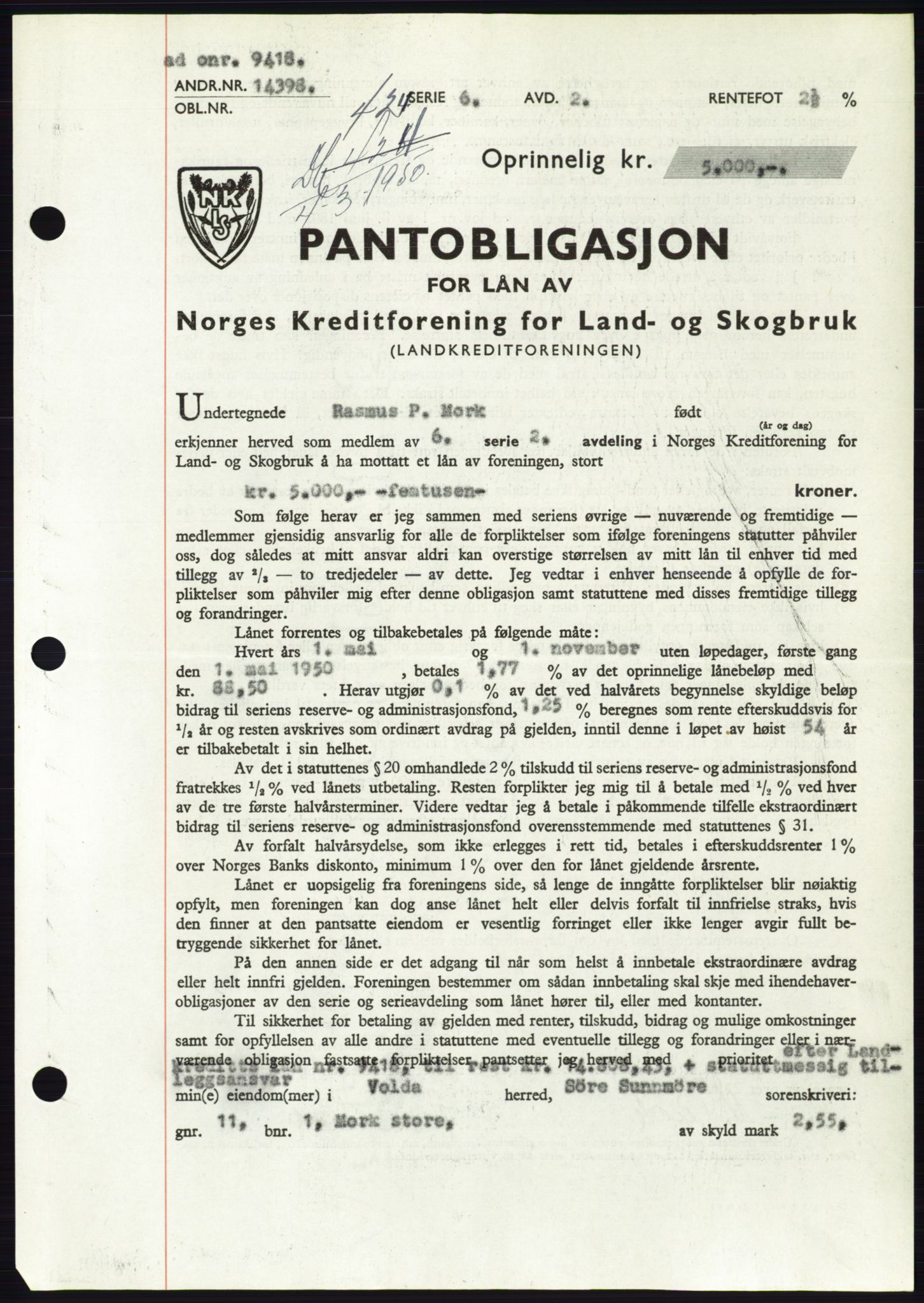 Søre Sunnmøre sorenskriveri, SAT/A-4122/1/2/2C/L0118: Pantebok nr. 6B, 1949-1950, Dagboknr: 424/1950
