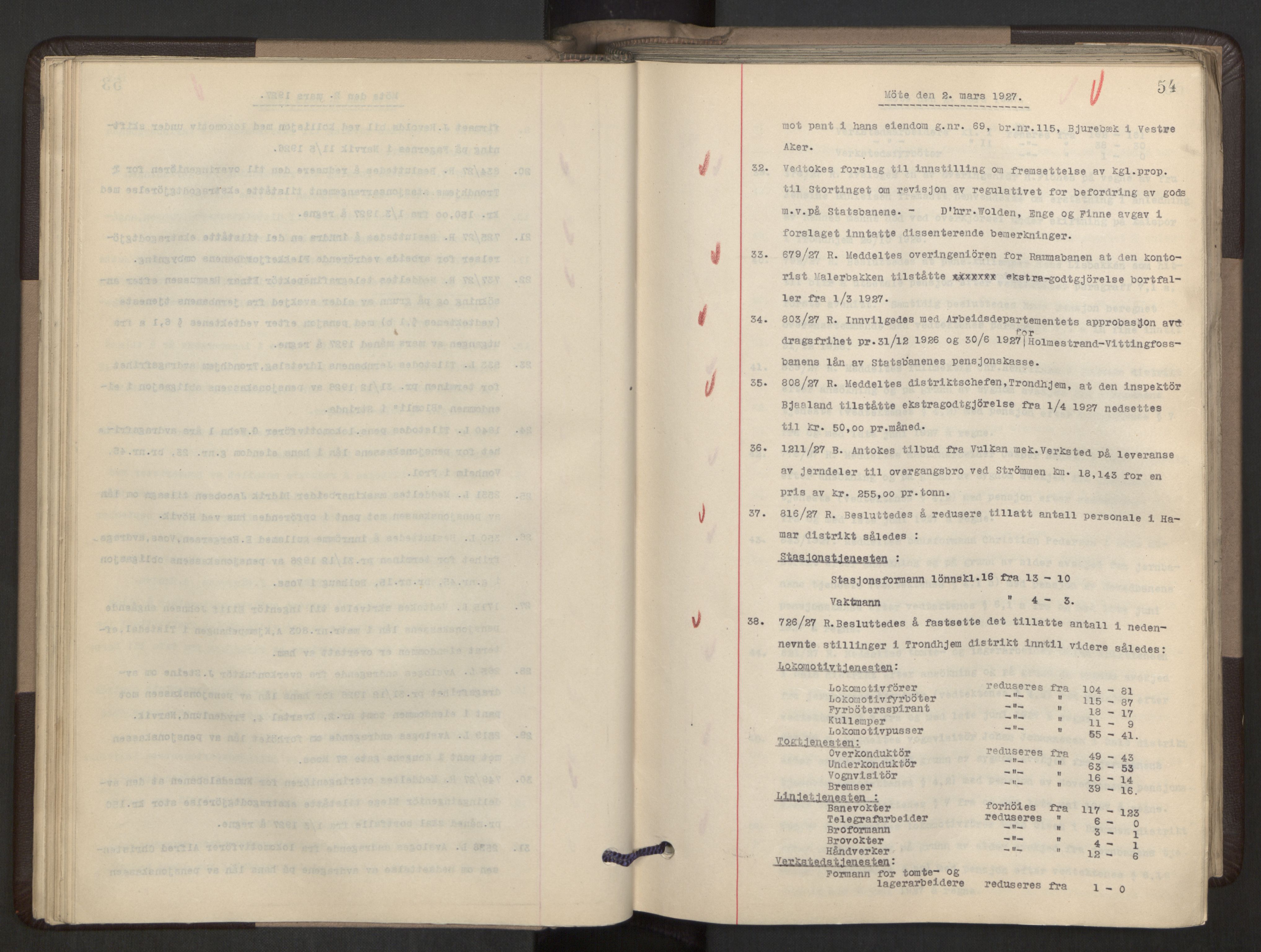 Norges statsbaner, Administrasjons- økonomi- og personalavdelingen, AV/RA-S-3412/A/Aa/L0021: Forhandlingsprotokoll, 1927-1928, s. 54