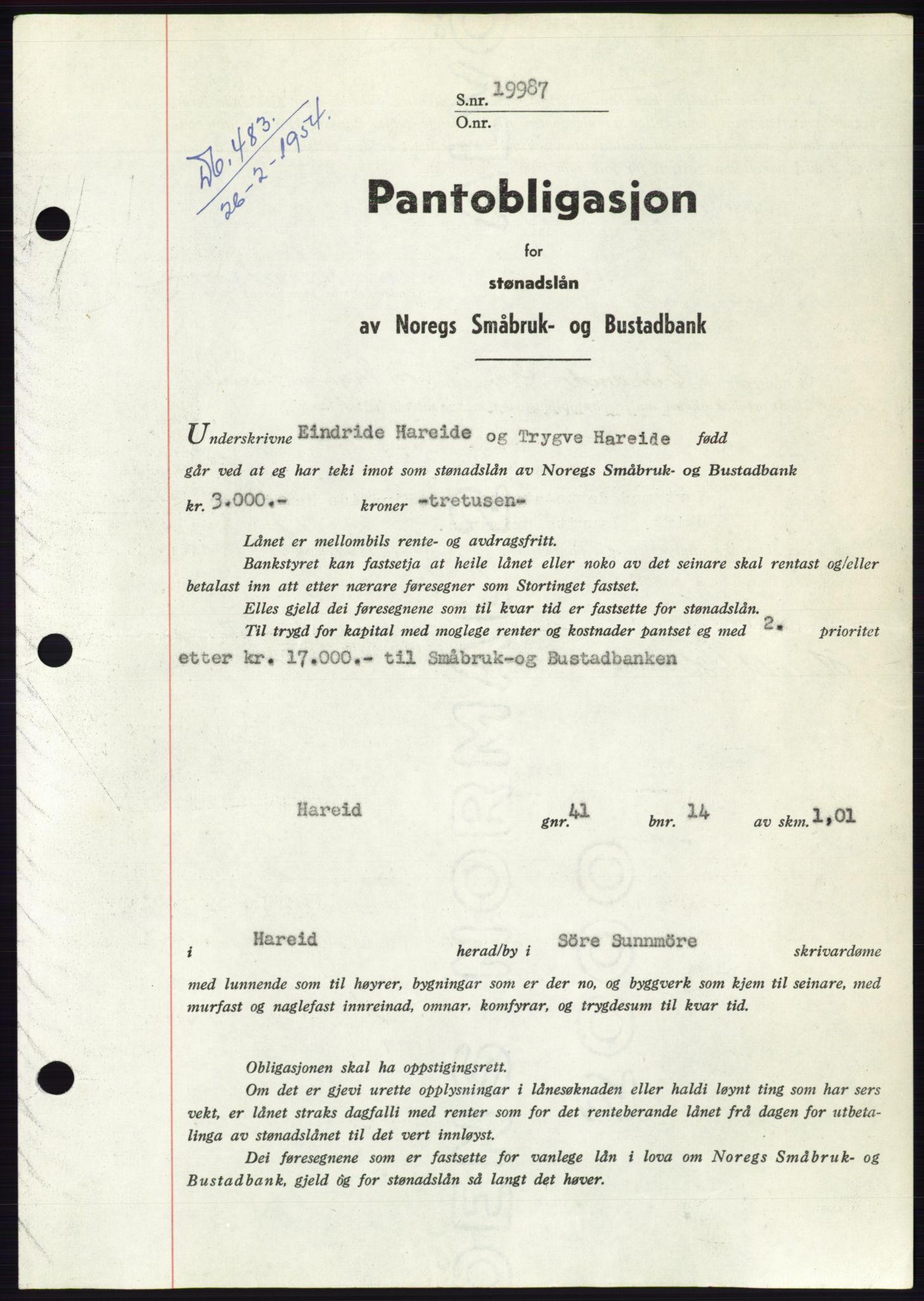 Søre Sunnmøre sorenskriveri, AV/SAT-A-4122/1/2/2C/L0124: Pantebok nr. 12B, 1953-1954, Dagboknr: 483/1954