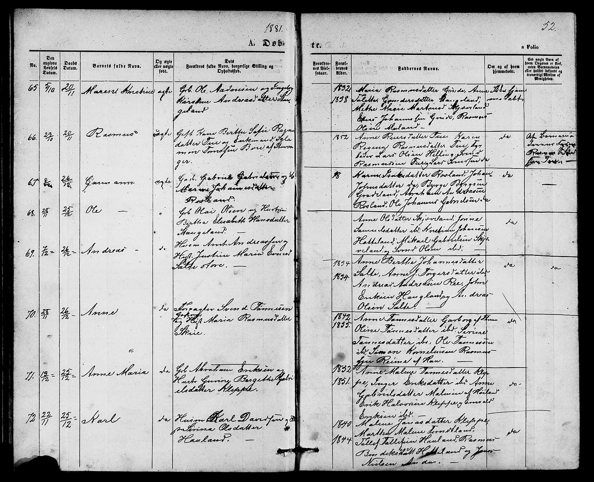 Klepp sokneprestkontor, AV/SAST-A-101803/001/3/30BB/L0003: Klokkerbok nr. B 3, 1876-1888, s. 52