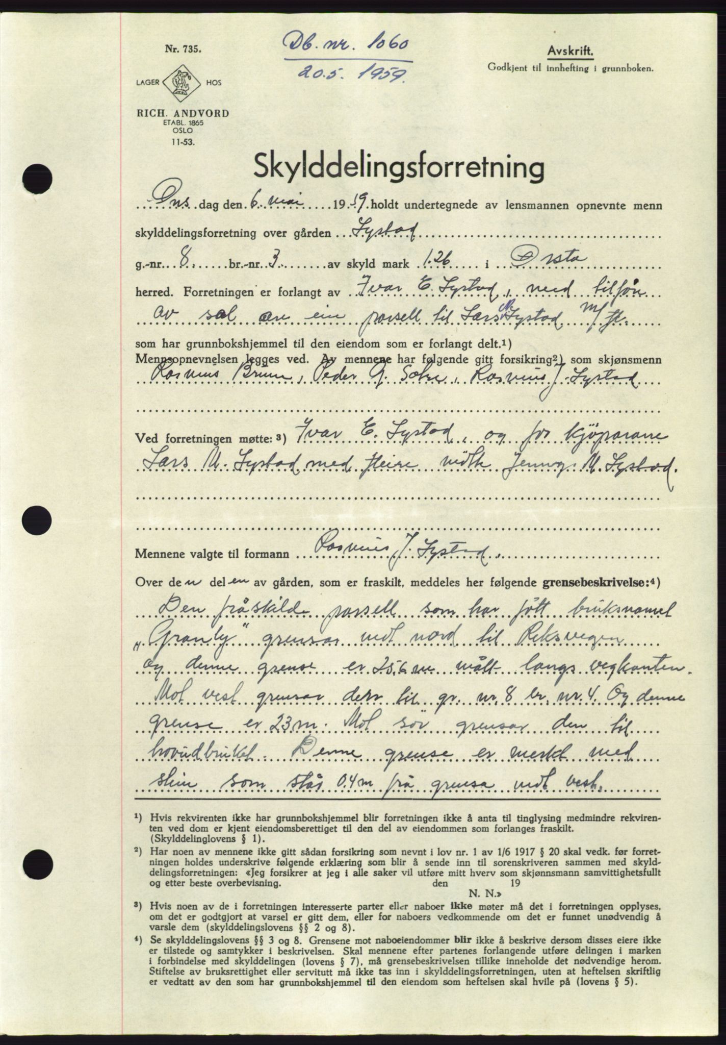 Søre Sunnmøre sorenskriveri, SAT/A-4122/1/2/2C/L0112: Pantebok nr. 38A, 1959-1959, Dagboknr: 1060/1959