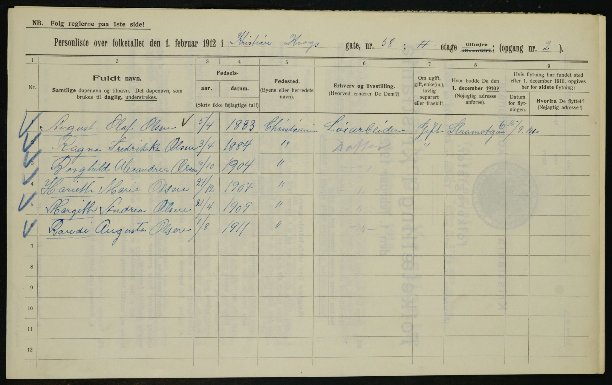 OBA, Kommunal folketelling 1.2.1912 for Kristiania, 1912, s. 12214