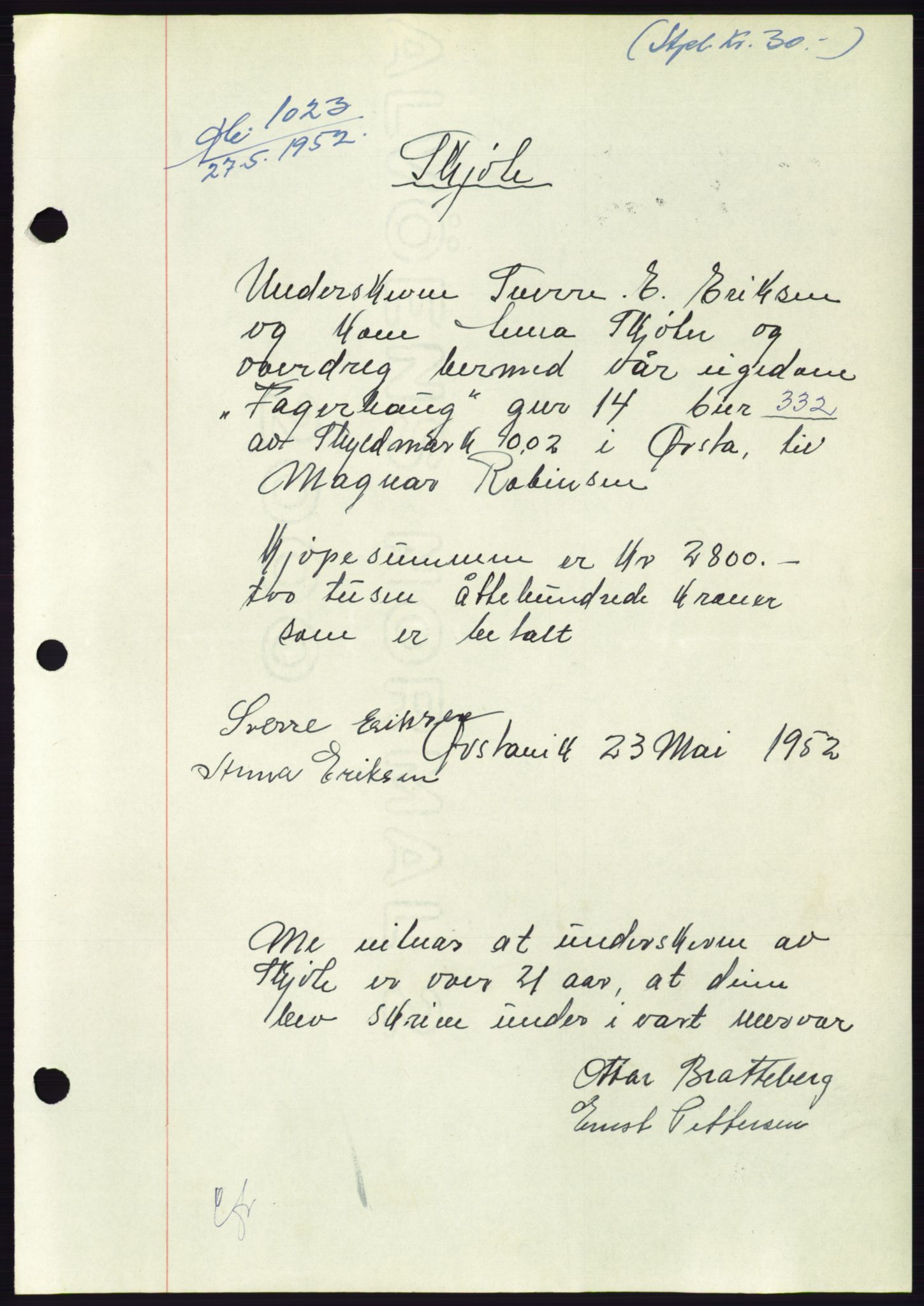 Søre Sunnmøre sorenskriveri, AV/SAT-A-4122/1/2/2C/L0092: Pantebok nr. 18A, 1952-1952, Dagboknr: 1023/1952