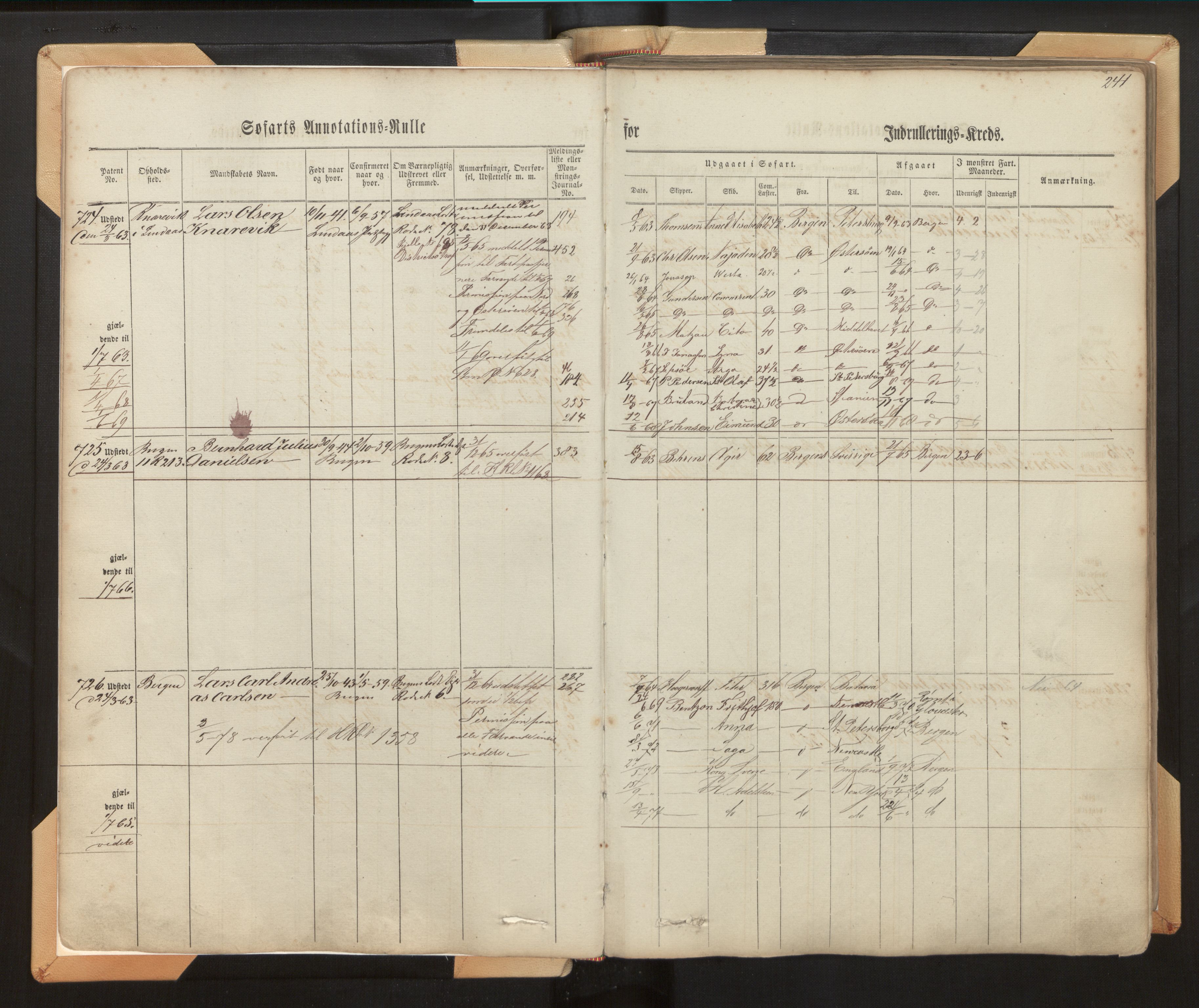 Innrulleringssjefen i Bergen, AV/SAB-A-100050/F/Fh/L0006: Sjøfarts- og annotasjonsrulle for Bergen krets, fol. 239 - ut, 1860-1867, s. 241