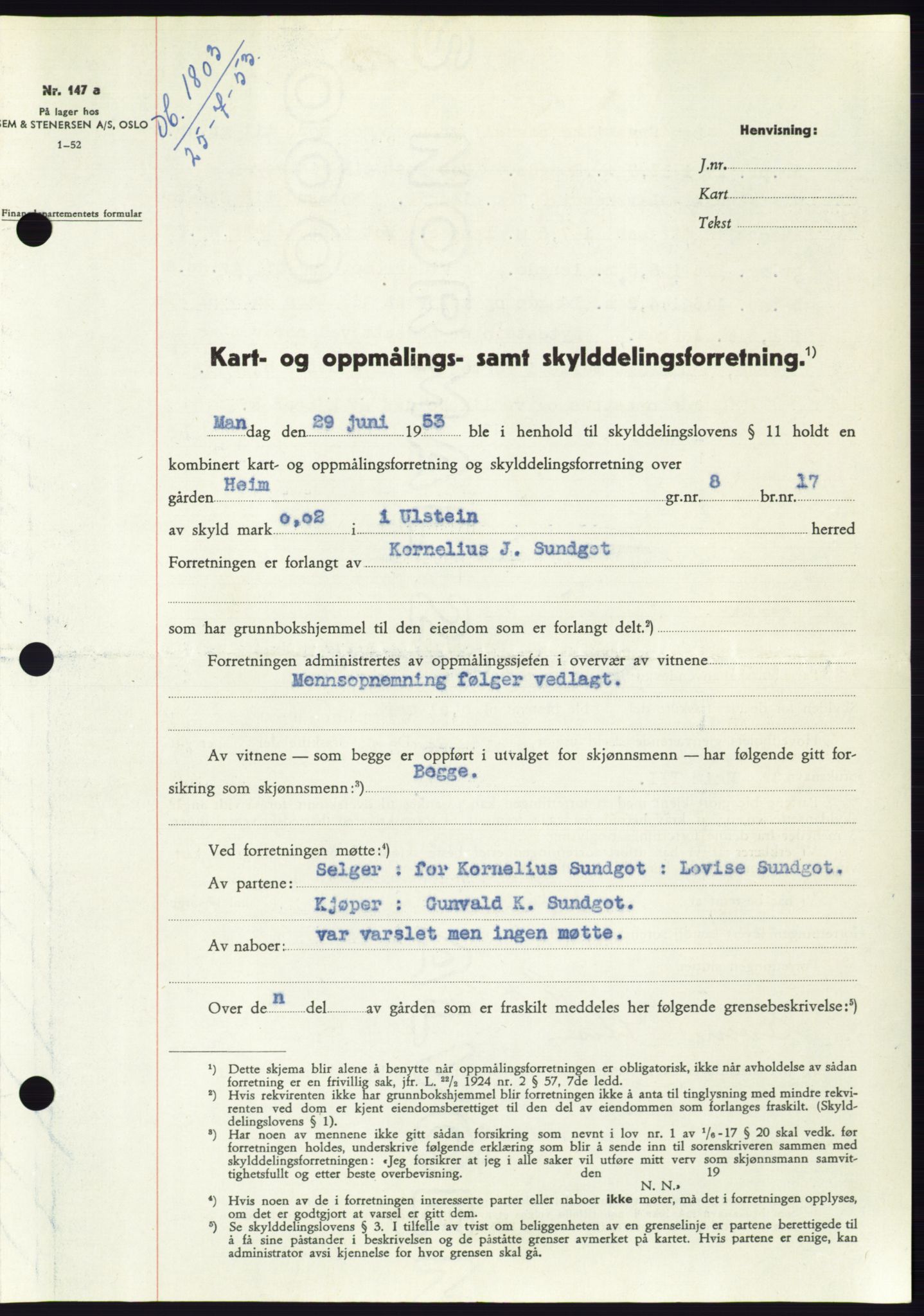 Søre Sunnmøre sorenskriveri, AV/SAT-A-4122/1/2/2C/L0095: Pantebok nr. 21A, 1953-1953, Dagboknr: 1803/1953