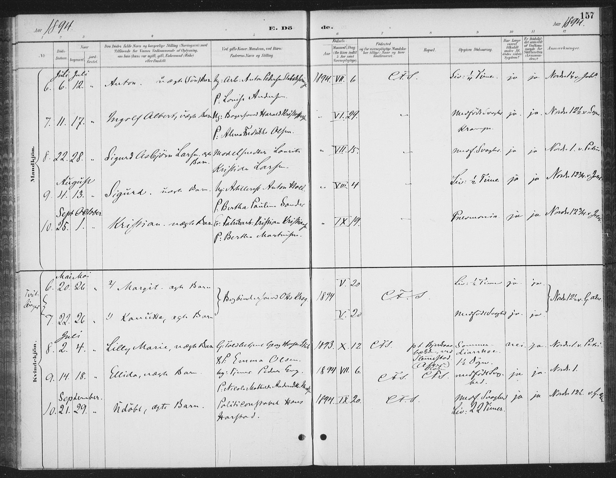 Rikshospitalet prestekontor Kirkebøker, AV/SAO-A-10309b/F/L0010: Ministerialbok nr. 10, 1888-1912, s. 157