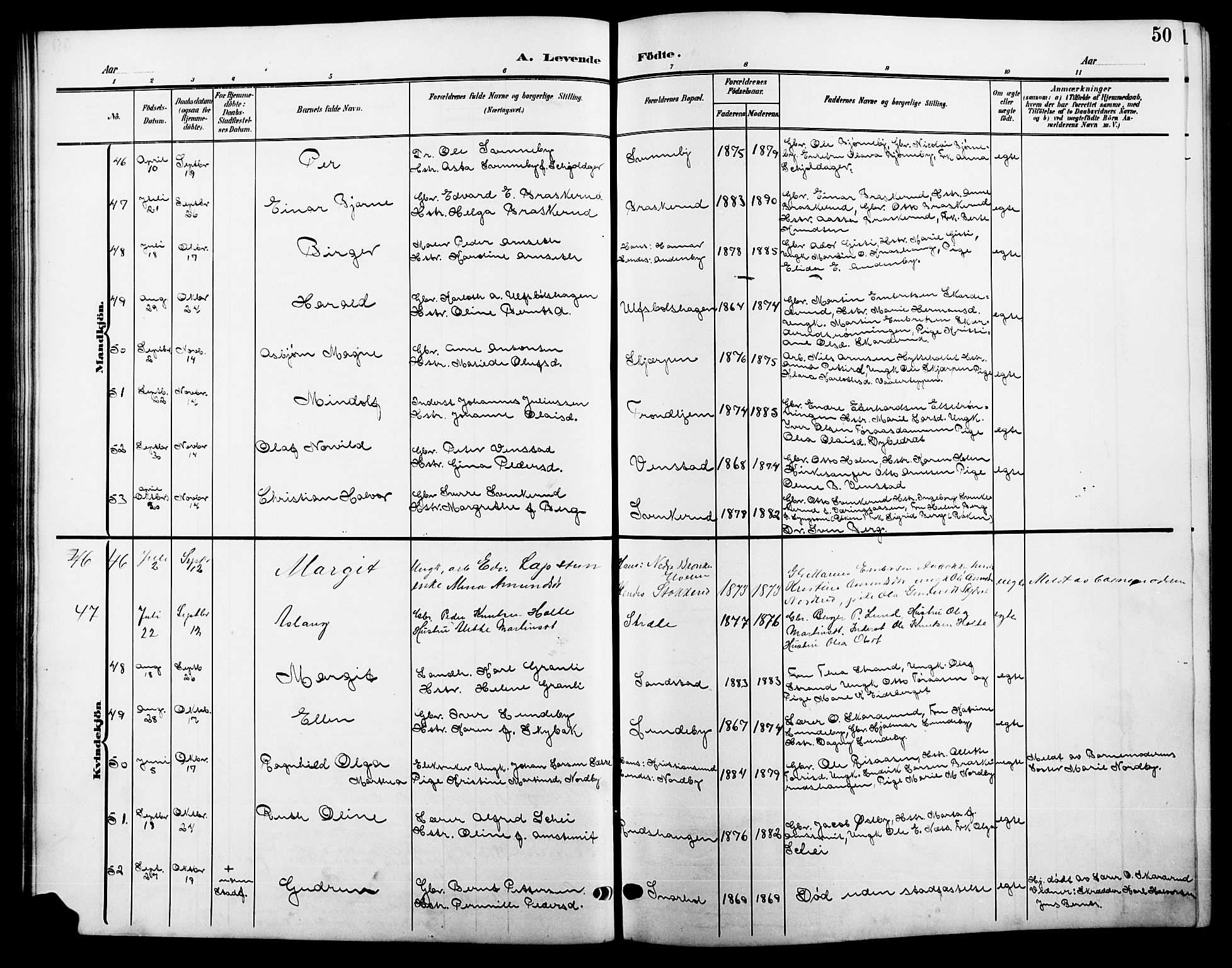 Våler prestekontor, Hedmark, AV/SAH-PREST-040/H/Ha/Hab/L0002: Klokkerbok nr. 2, 1905-1915, s. 50