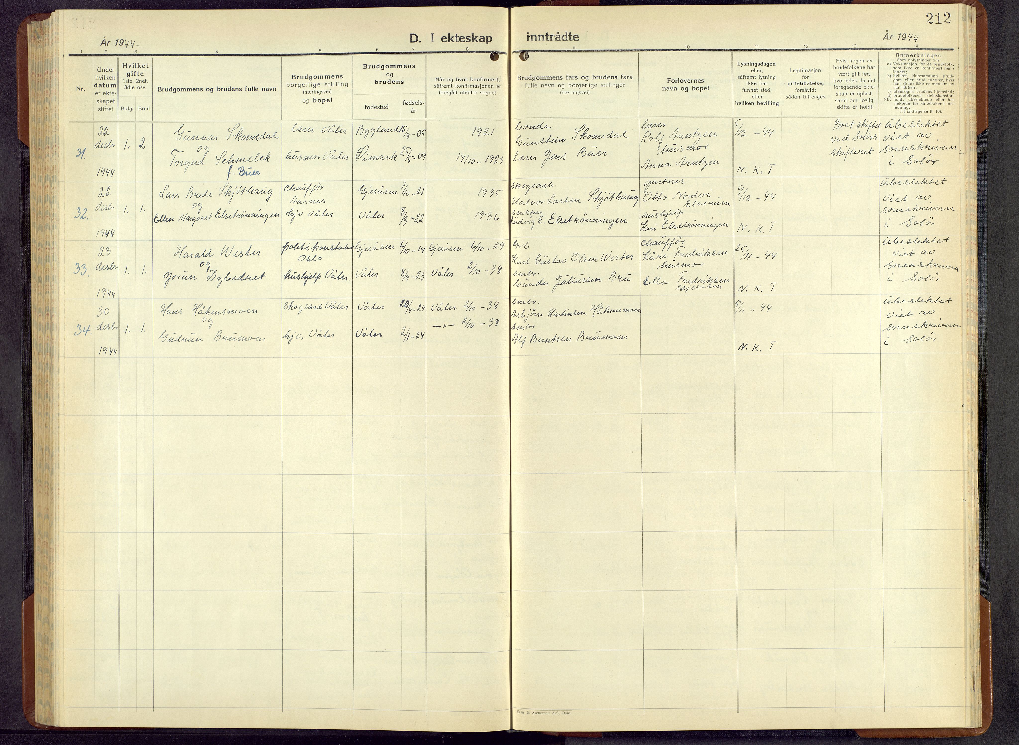 Våler prestekontor, Hedmark, SAH/PREST-040/H/Ha/Hab/L0007: Klokkerbok nr. 7, 1940-1957, s. 212