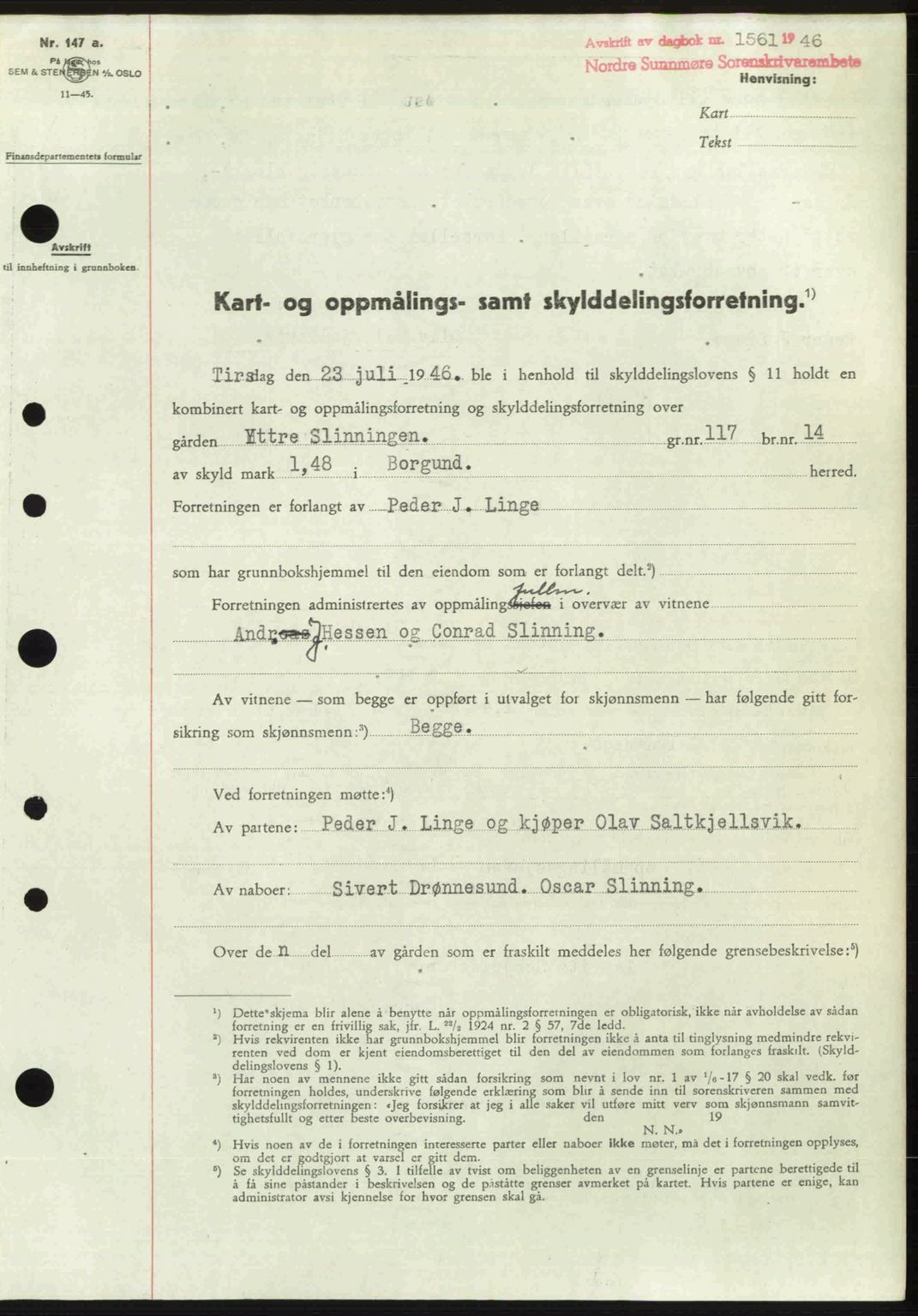 Nordre Sunnmøre sorenskriveri, SAT/A-0006/1/2/2C/2Ca: Pantebok nr. A22, 1946-1946, Dagboknr: 1561/1946