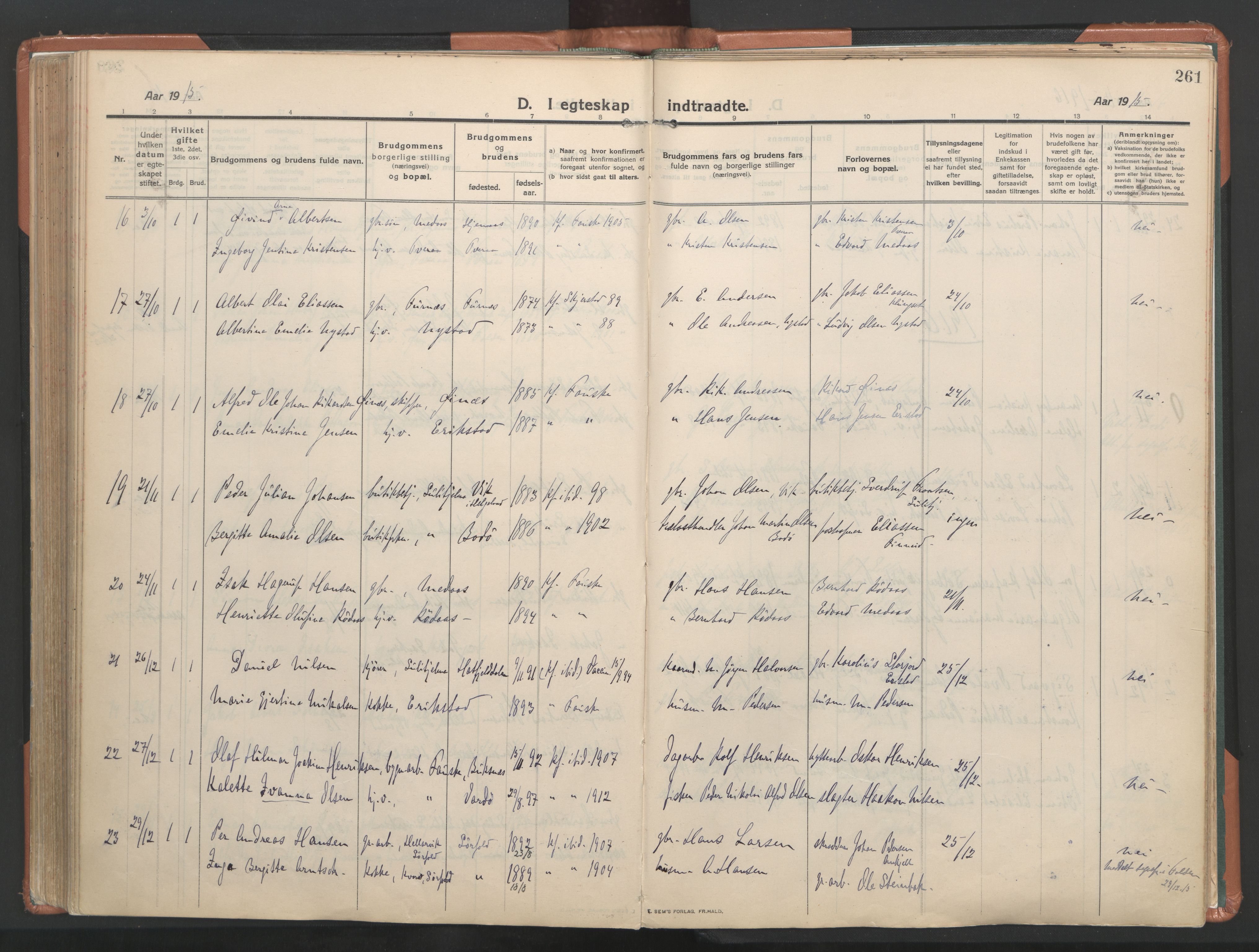 Ministerialprotokoller, klokkerbøker og fødselsregistre - Nordland, AV/SAT-A-1459/849/L0698: Ministerialbok nr. 849A09, 1911-1924, s. 261