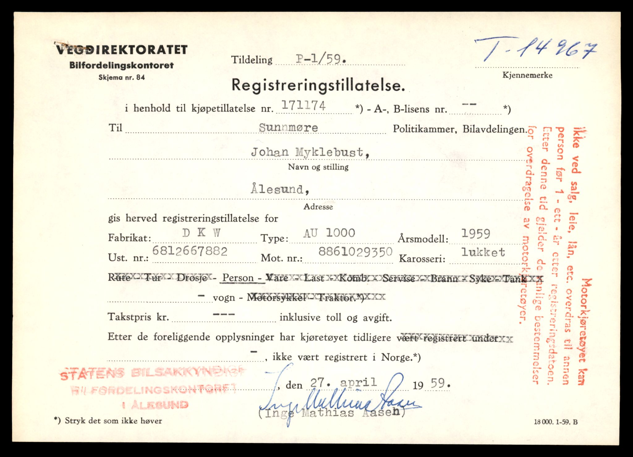 Møre og Romsdal vegkontor - Ålesund trafikkstasjon, AV/SAT-A-4099/F/Fe/L0049: Registreringskort for kjøretøy T 14864 - T 18613, 1927-1998, s. 2433