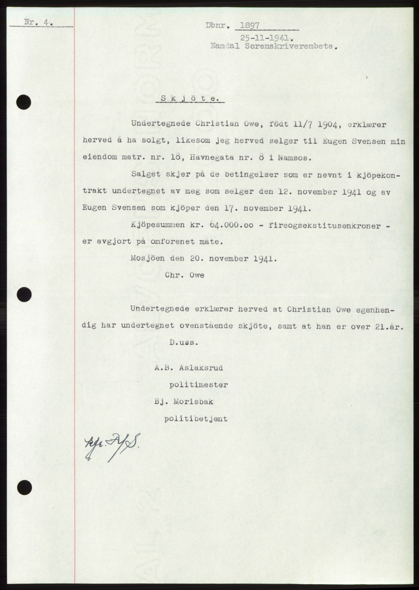 Namdal sorenskriveri, SAT/A-4133/1/2/2C: Pantebok nr. -, 1941-1942, Dagboknr: 1897/1941