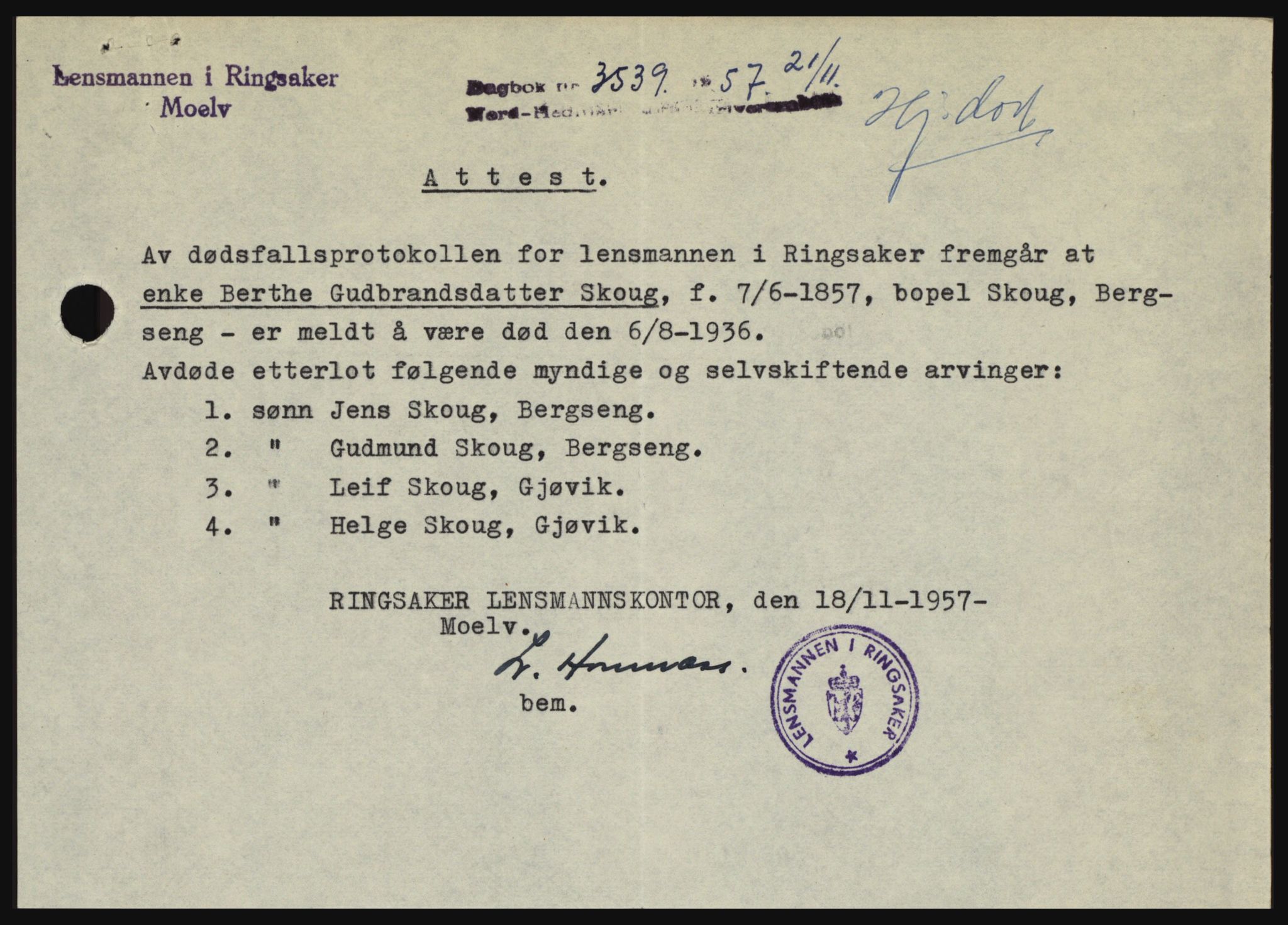 Nord-Hedmark sorenskriveri, SAH/TING-012/H/Hc/L0011: Pantebok nr. 11, 1956-1957, Dagboknr: 3539/1957