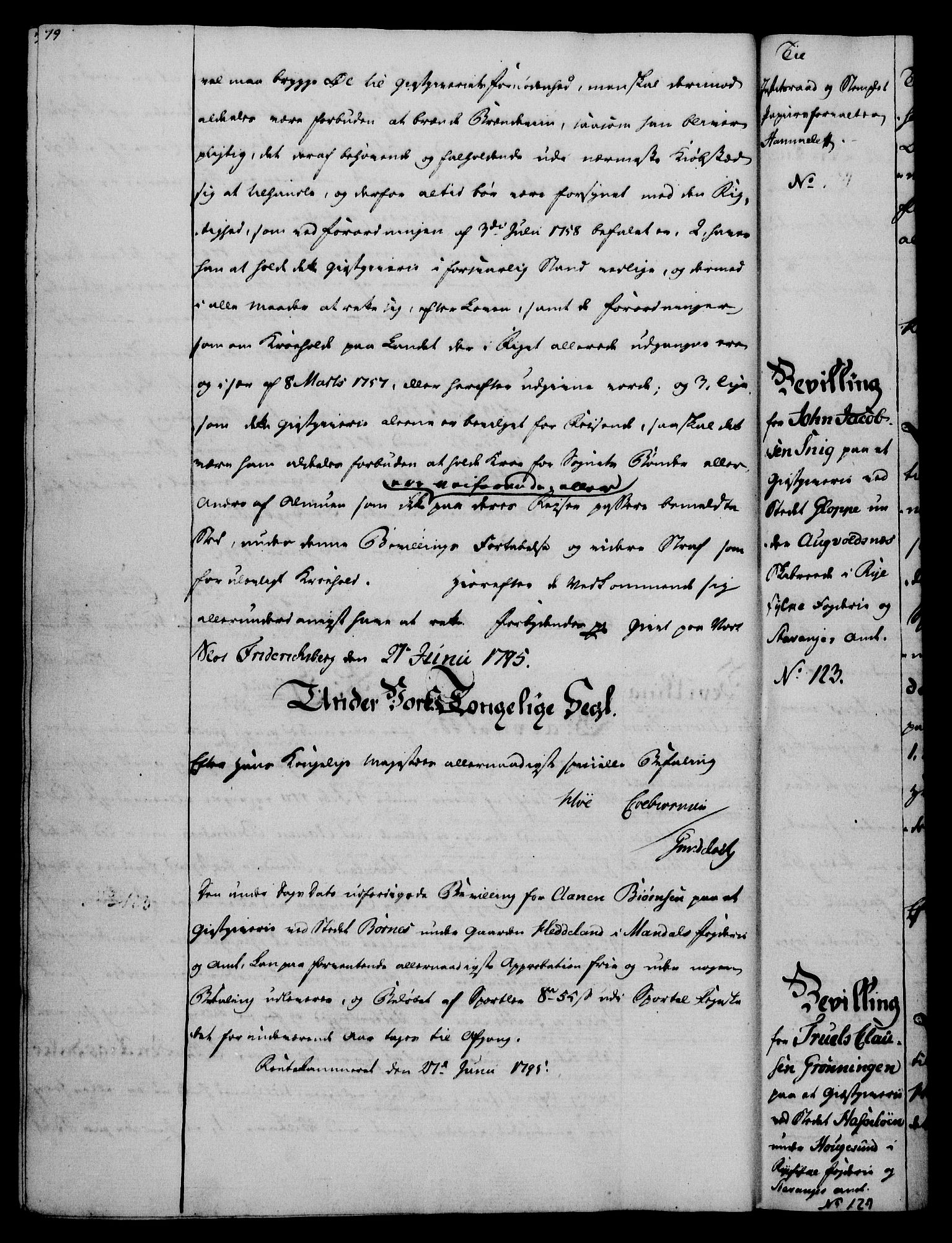 Rentekammeret, Kammerkanselliet, AV/RA-EA-3111/G/Gg/Gga/L0016: Norsk ekspedisjonsprotokoll med register (merket RK 53.16), 1794-1800, s. 79