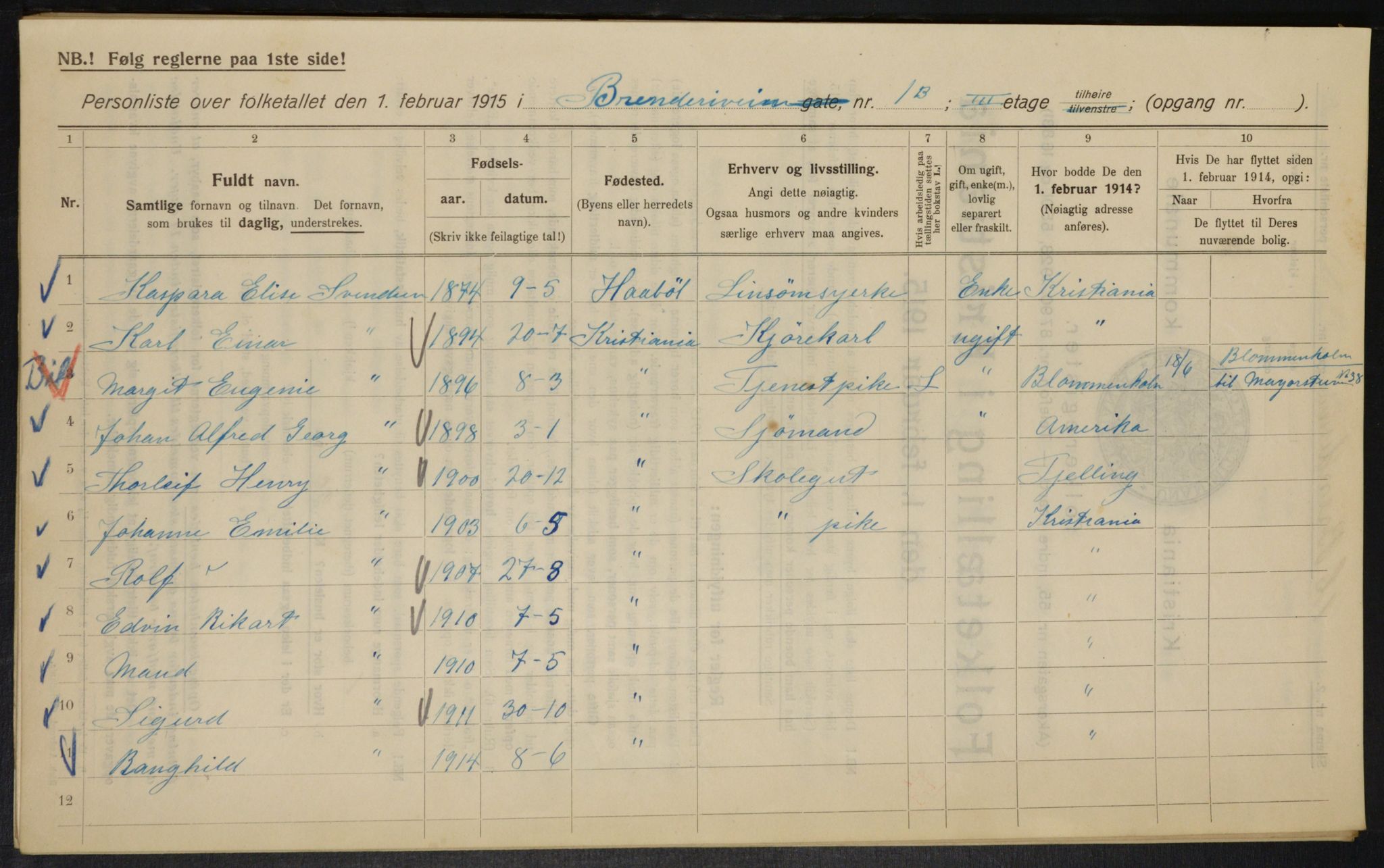 OBA, Kommunal folketelling 1.2.1915 for Kristiania, 1915, s. 8588