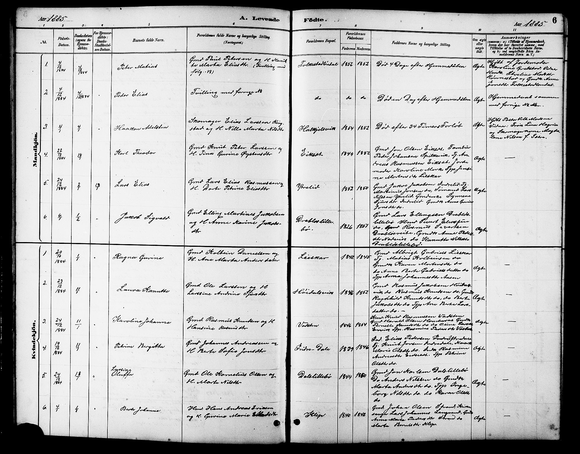 Ministerialprotokoller, klokkerbøker og fødselsregistre - Møre og Romsdal, AV/SAT-A-1454/511/L0158: Klokkerbok nr. 511C04, 1884-1903, s. 6