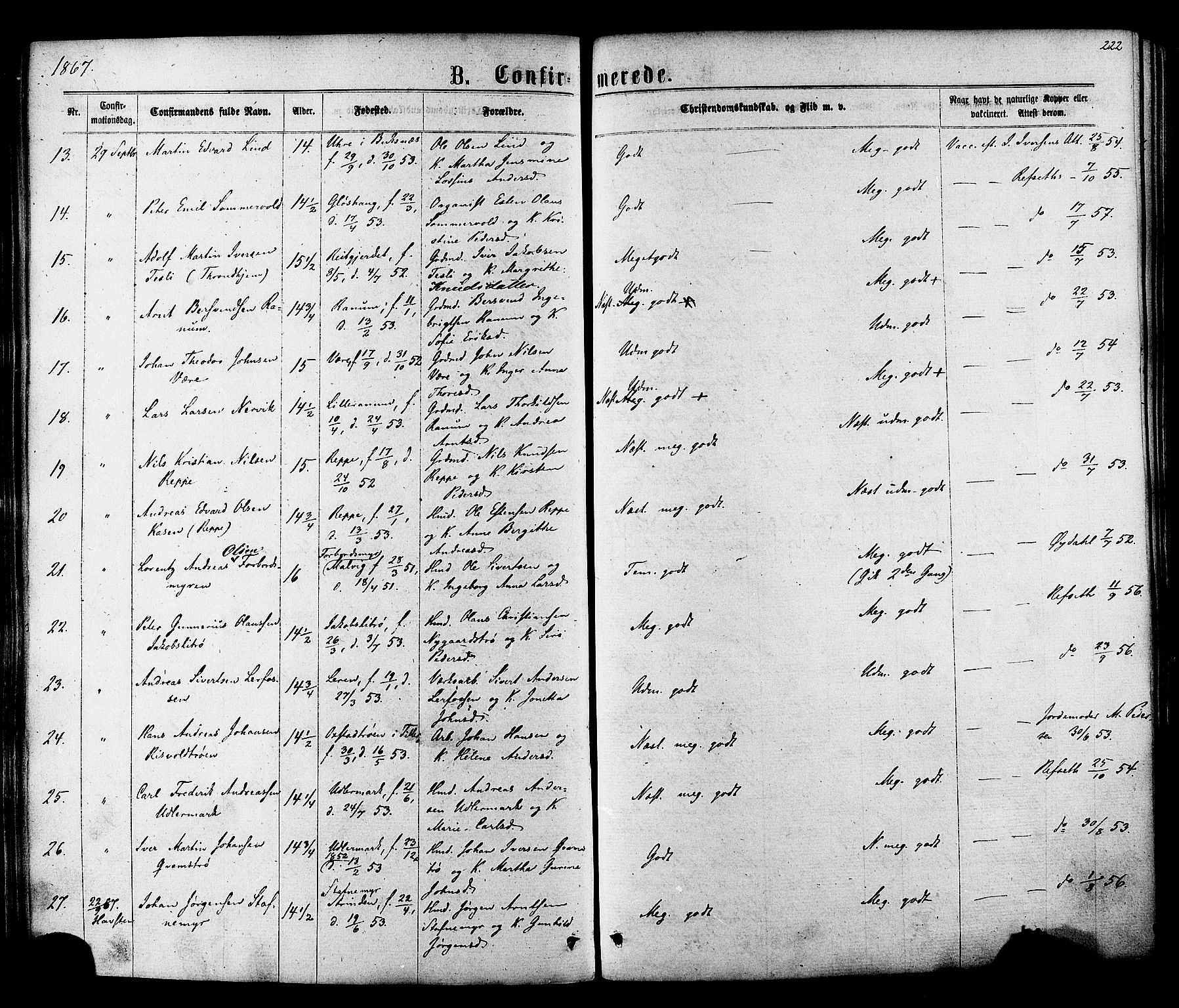 Ministerialprotokoller, klokkerbøker og fødselsregistre - Sør-Trøndelag, SAT/A-1456/606/L0293: Ministerialbok nr. 606A08, 1866-1877, s. 222