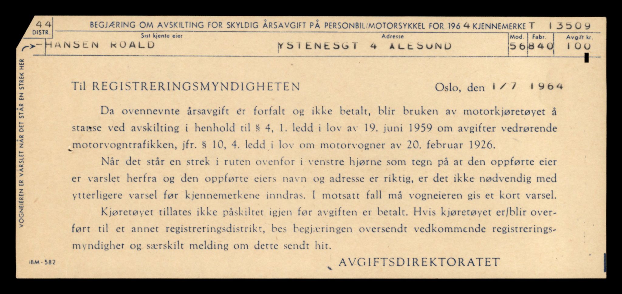 Møre og Romsdal vegkontor - Ålesund trafikkstasjon, AV/SAT-A-4099/F/Fe/L0039: Registreringskort for kjøretøy T 13361 - T 13530, 1927-1998, s. 2644