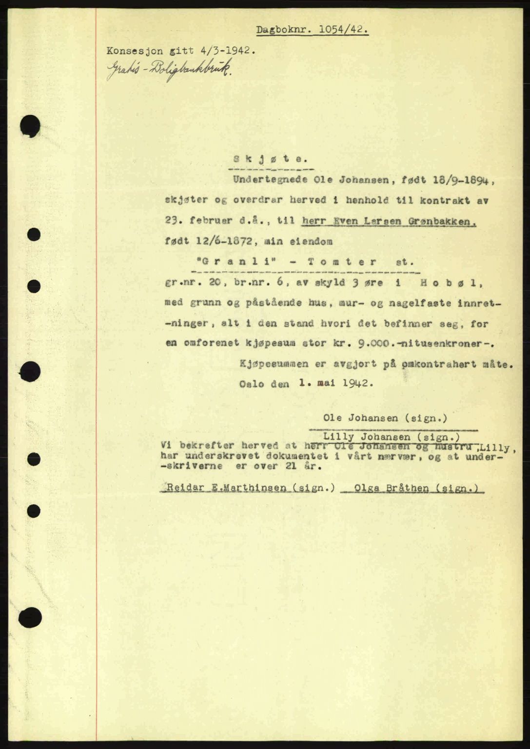 Moss sorenskriveri, SAO/A-10168: Pantebok nr. A9, 1941-1942, Dagboknr: 1054/1942
