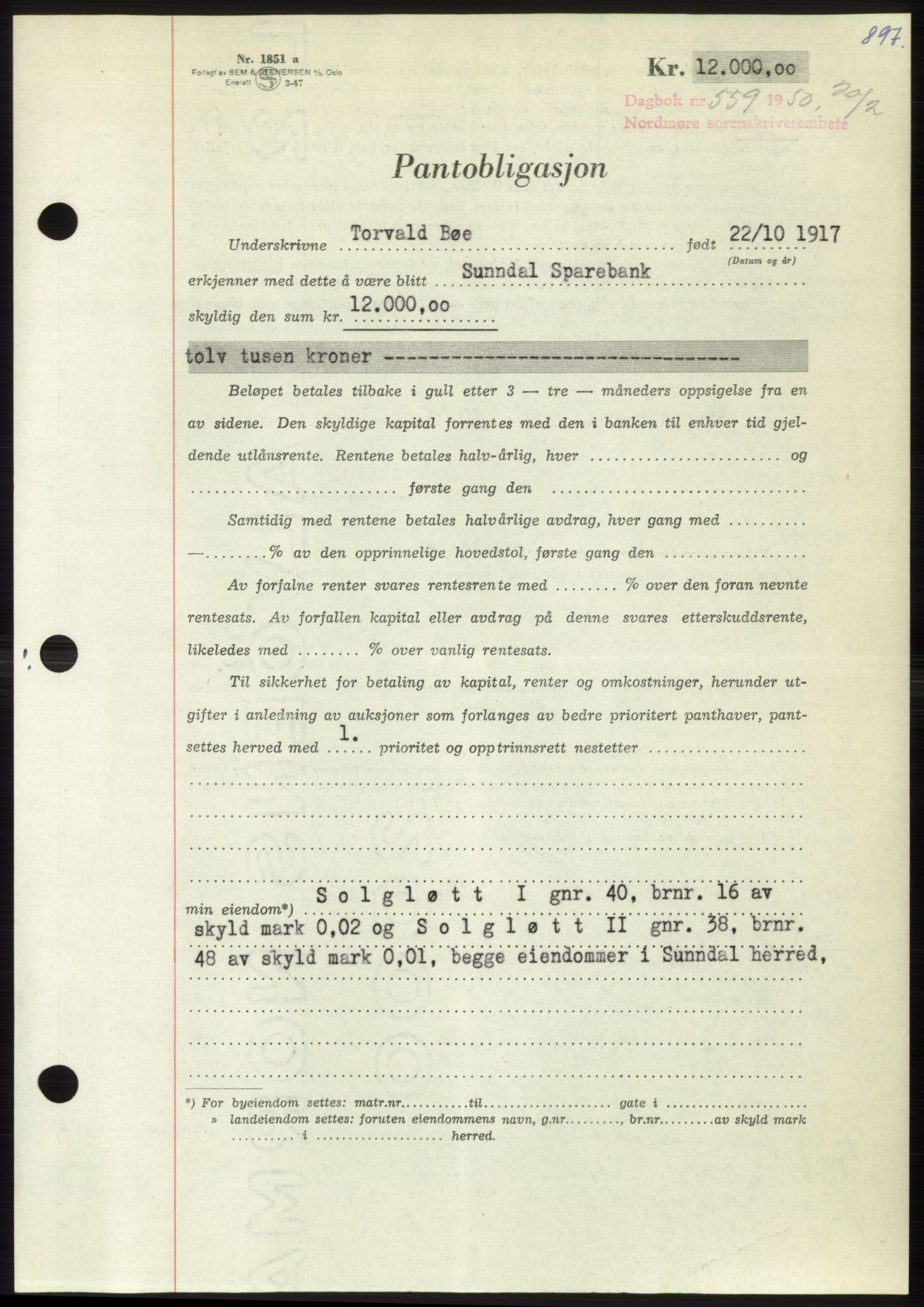 Nordmøre sorenskriveri, AV/SAT-A-4132/1/2/2Ca: Pantebok nr. B103, 1949-1950, Dagboknr: 559/1950