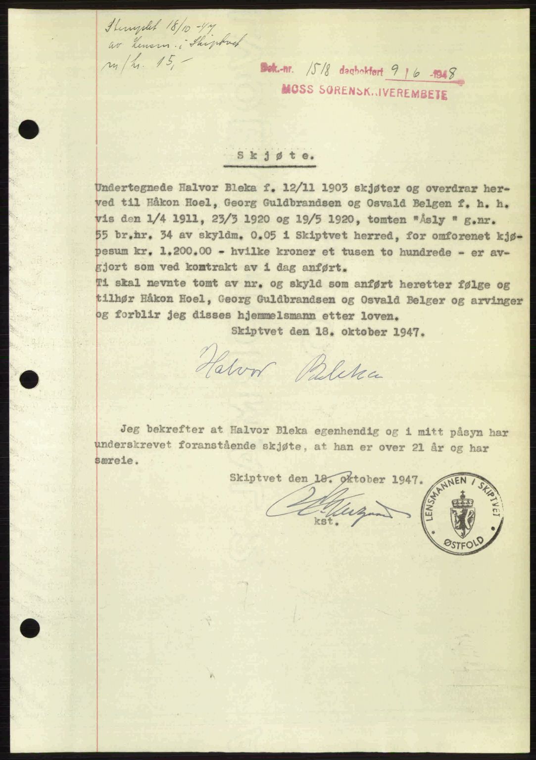 Moss sorenskriveri, SAO/A-10168: Pantebok nr. A2, 1947-1950, Dagboknr: 1518/1948