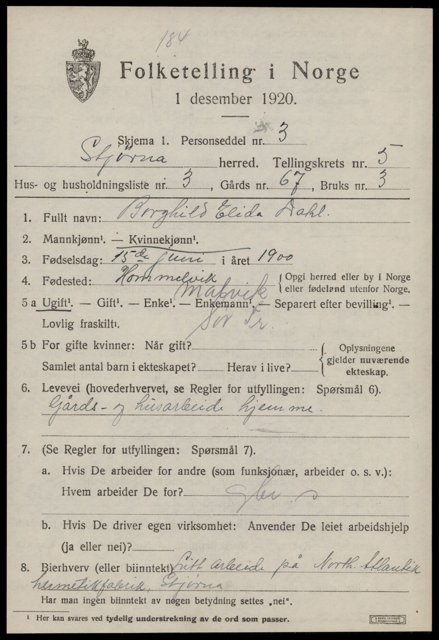 SAT, Folketelling 1920 for 1626 Stjørna herred, 1920, s. 3846